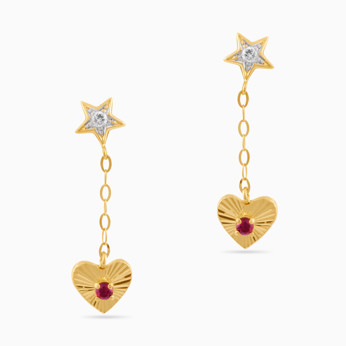 Heart Diamond & Rose Stone Drop Earrings in 18K Gold - 2 Heart Diamond & Rose Stone Drop Earrings in 18K Gold - 2