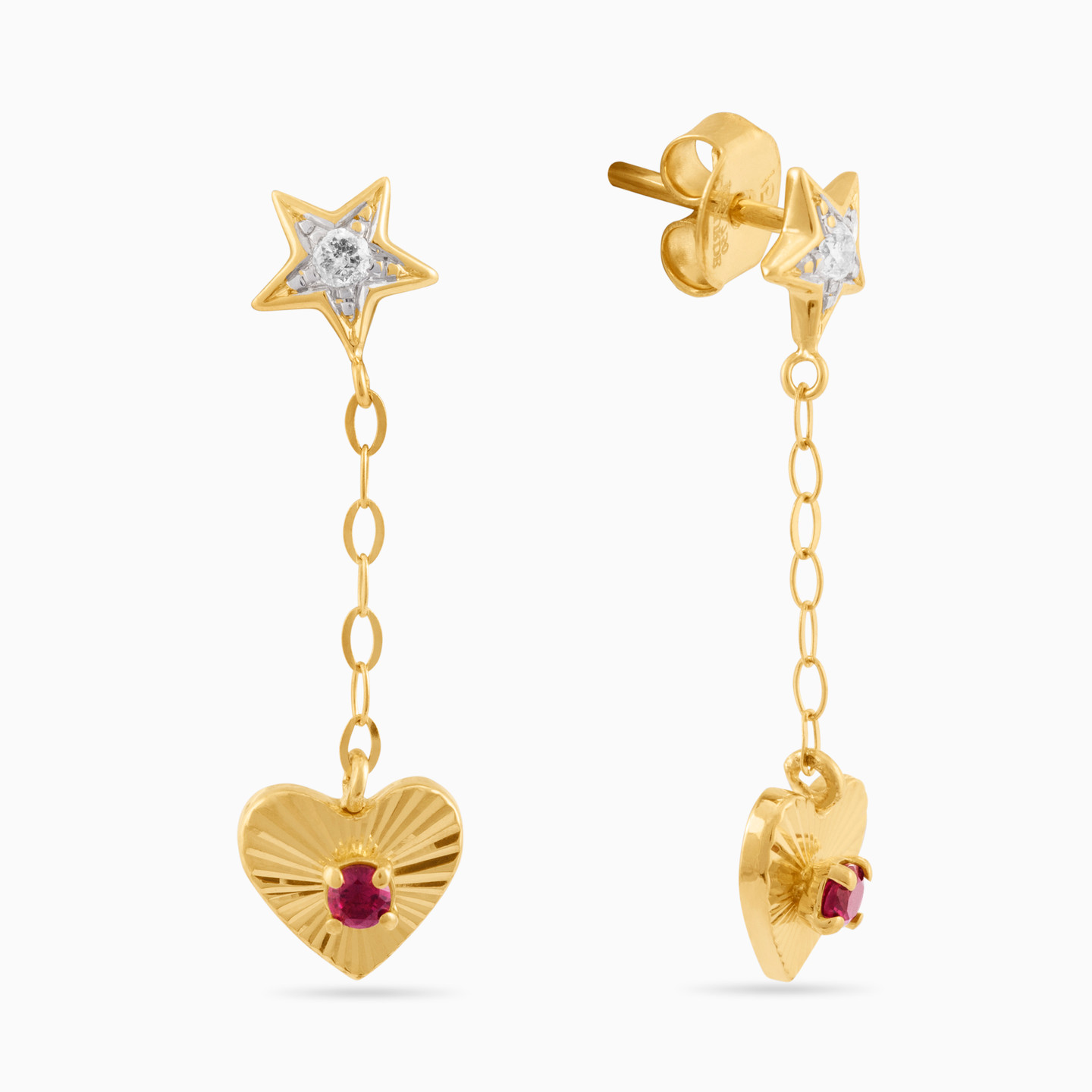 Heart Diamond & Rose Stone Drop Earrings in 18K Gold - 3 Heart Diamond & Rose Stone Drop Earrings in 18K Gold - 3