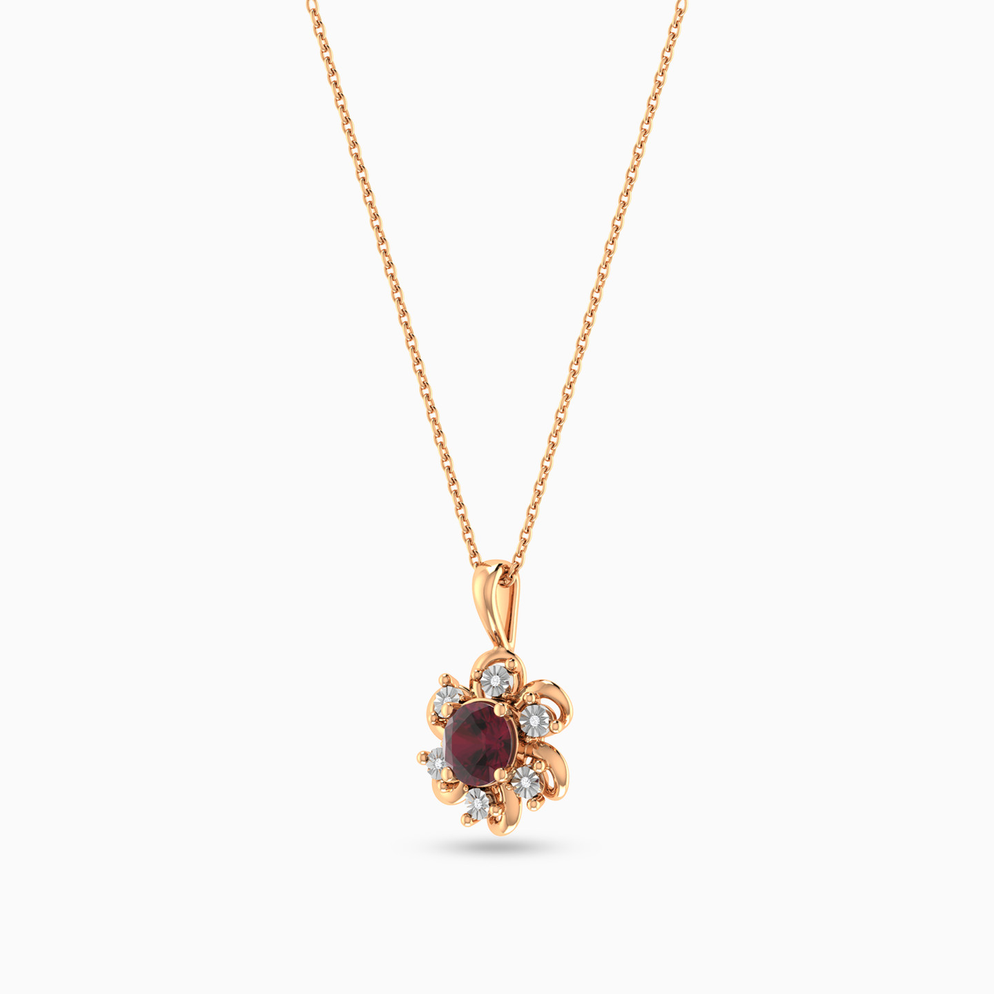 Flower Diamond & Red Stone Necklace in 18K Gold - 3 Flower Diamond & Red Stone Necklace in 18K Gold - 3