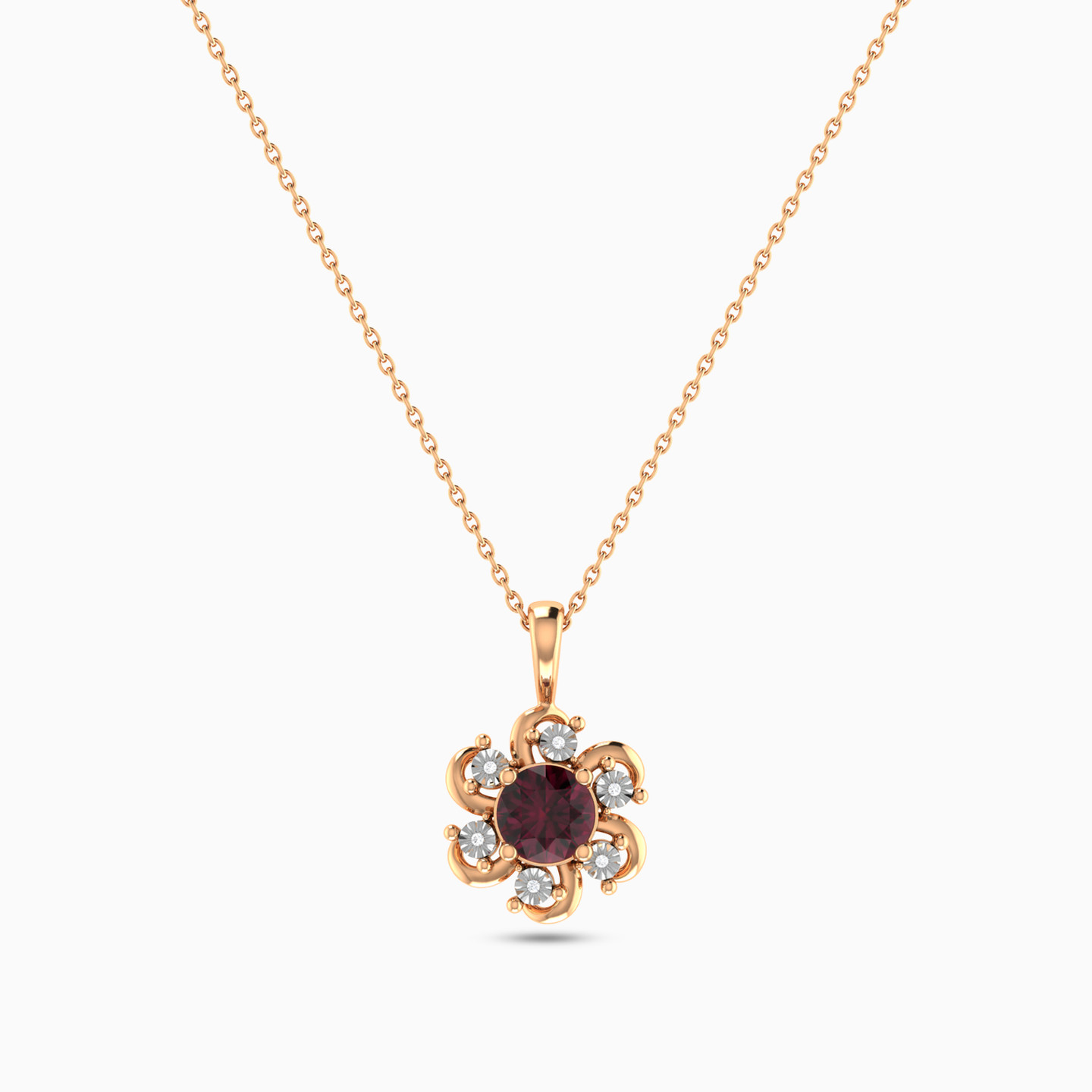 Flower Diamond & Red Stone Necklace in 18K Gold - 4 Flower Diamond & Red Stone Necklace in 18K Gold - 4