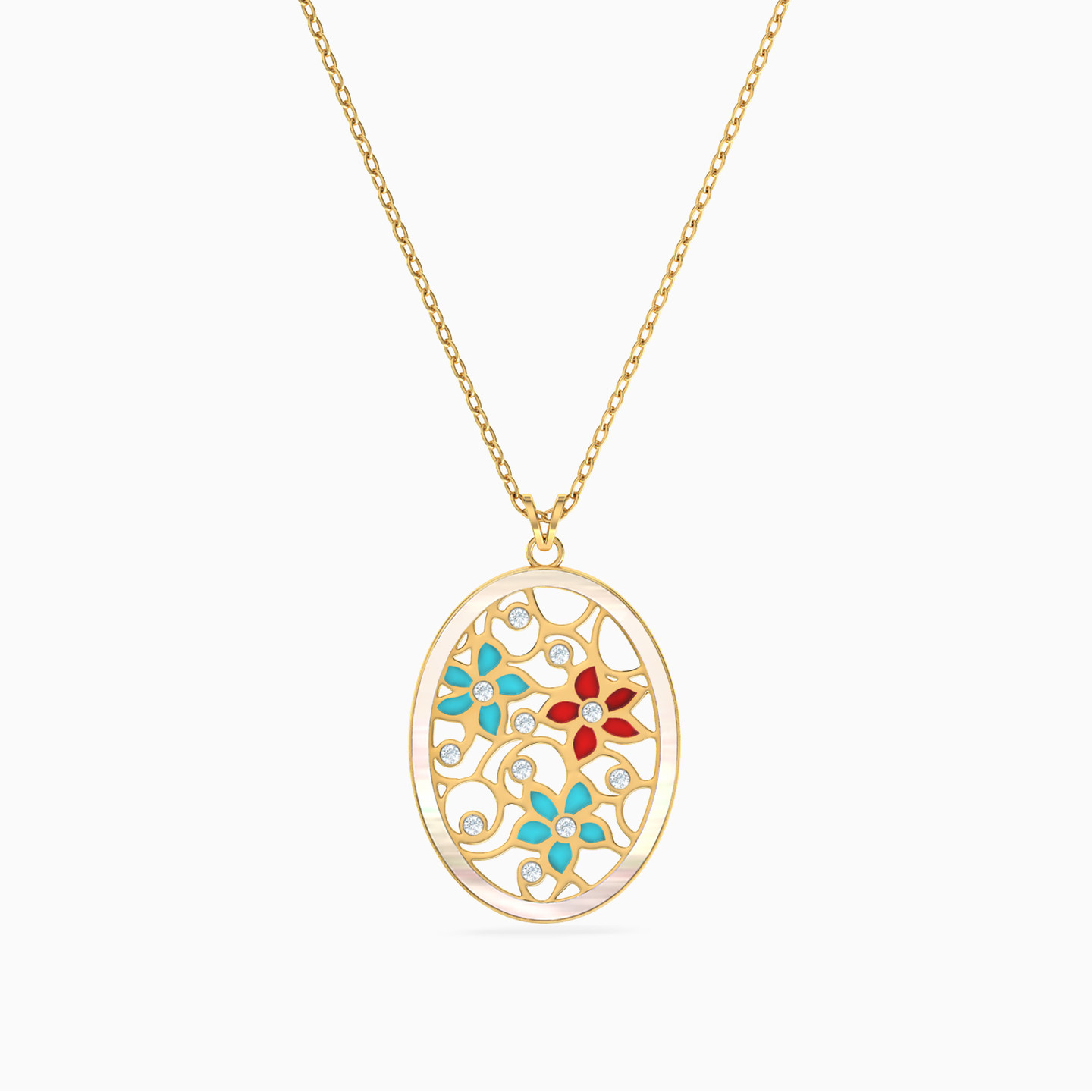 18K Gold Diamond & Enamel Coated Pendant Necklace