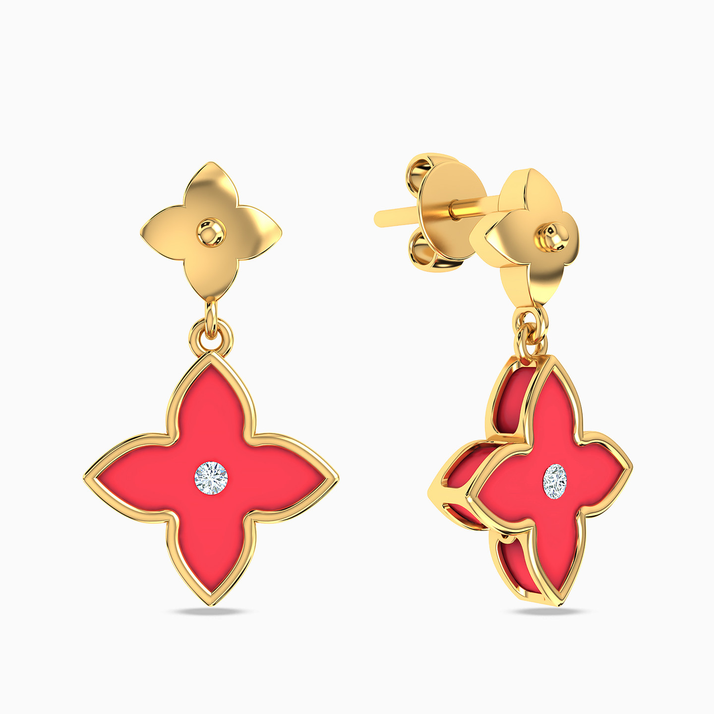 Pointed Flower Red Stone Drop Earrings in 18K Gold Pointed Flower Red Stone Drop Earrings in 18K Gold