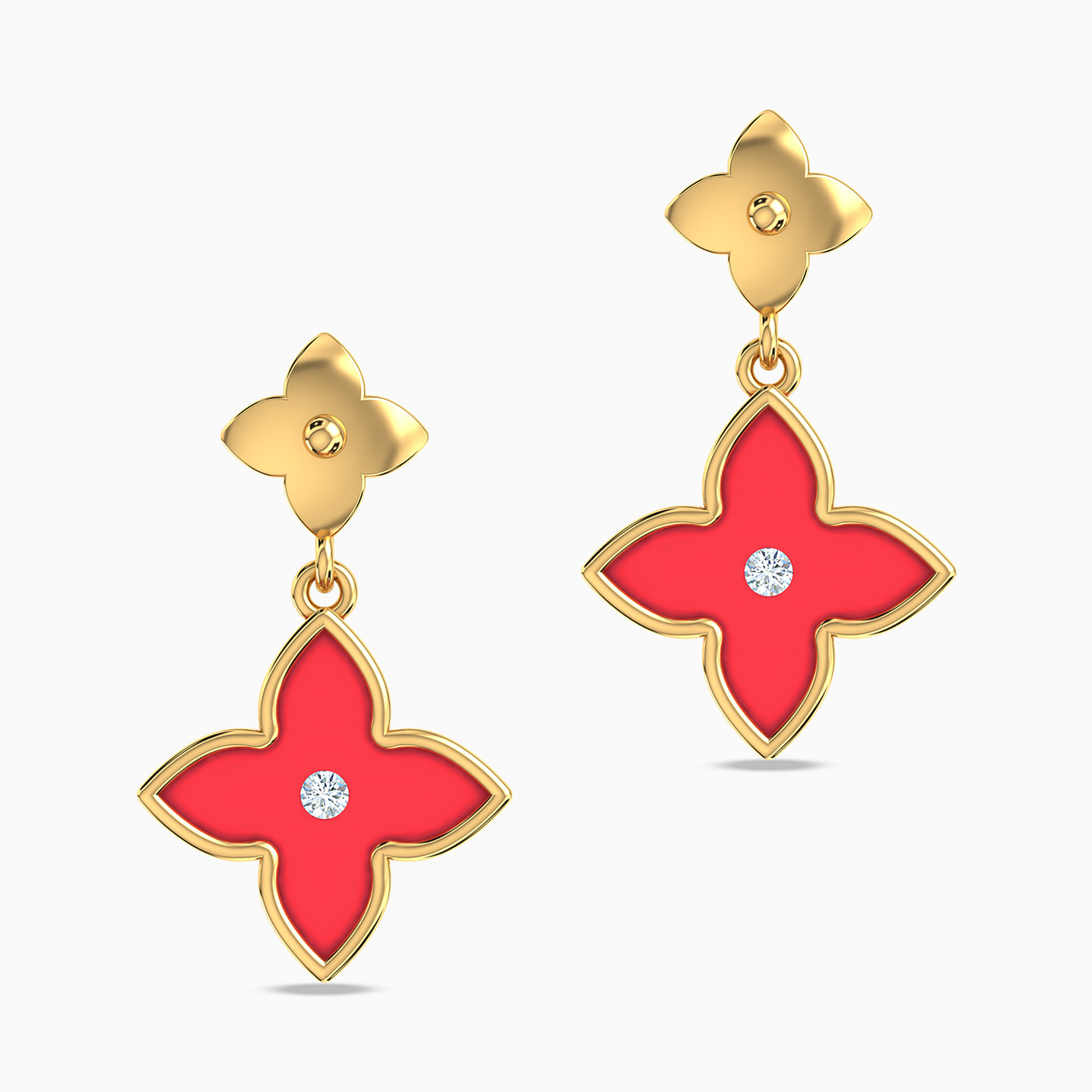 Pointed Flower Red Stone Drop Earrings in 18K Gold - 2 Pointed Flower Red Stone Drop Earrings in 18K Gold - 2