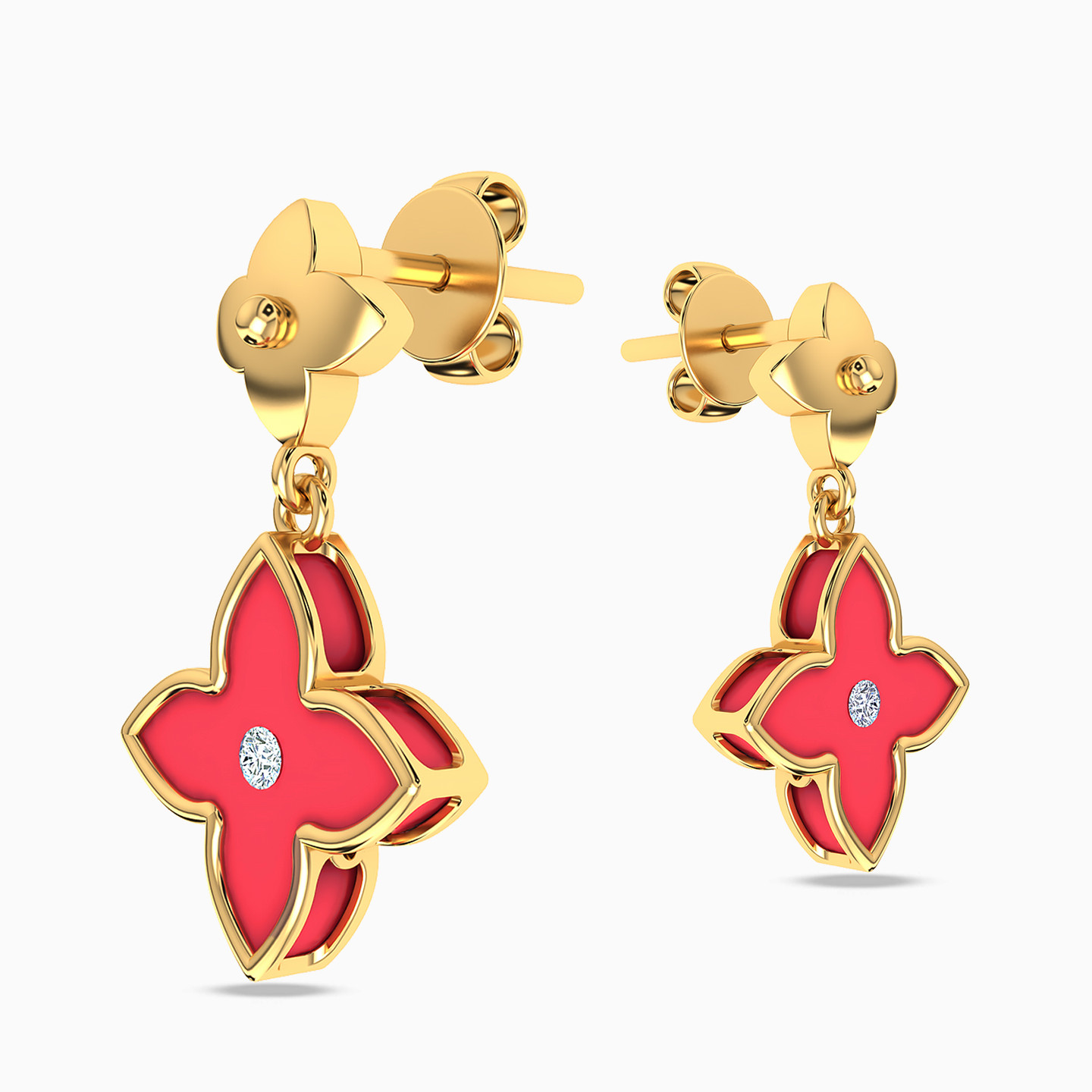 Pointed Flower Red Stone Drop Earrings in 18K Gold - 3 Pointed Flower Red Stone Drop Earrings in 18K Gold - 3
