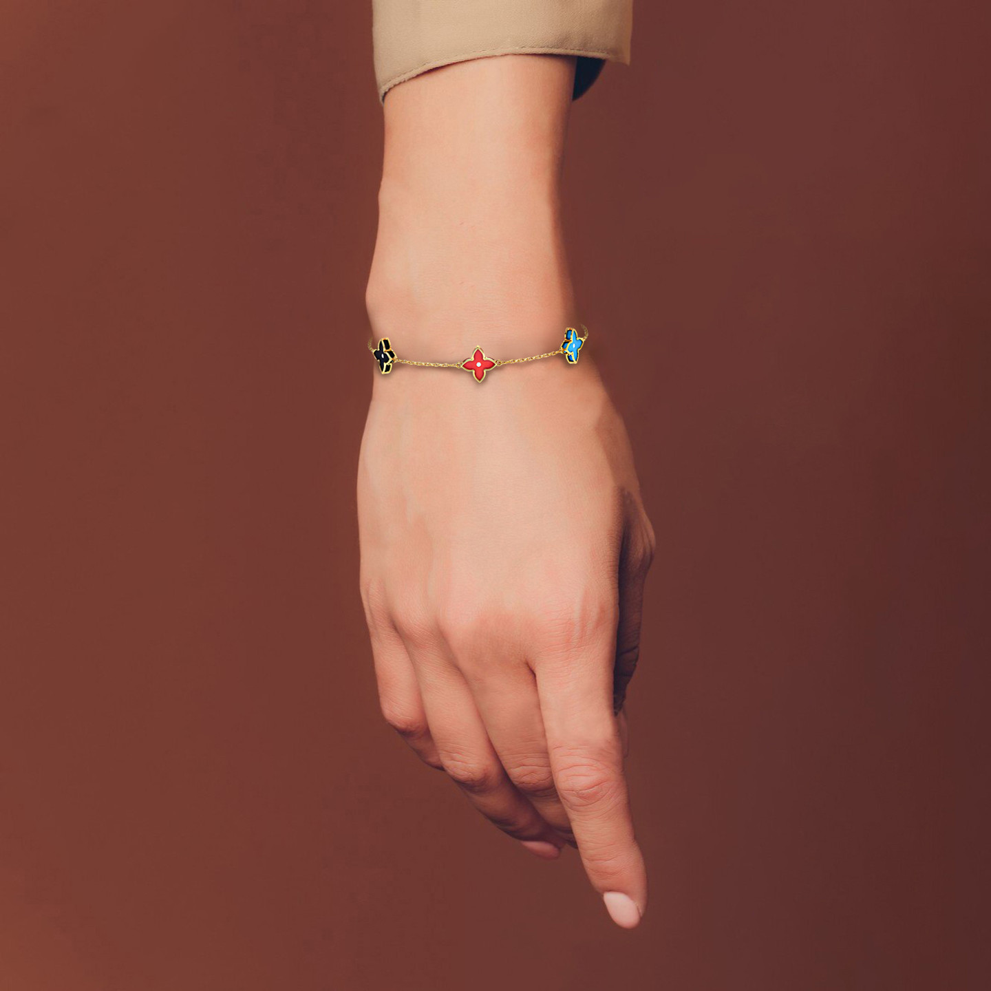 Flower Colored Stones Chain Bracelet in 18K Gold - 4 Flower Colored Stones Chain Bracelet in 18K Gold - 4