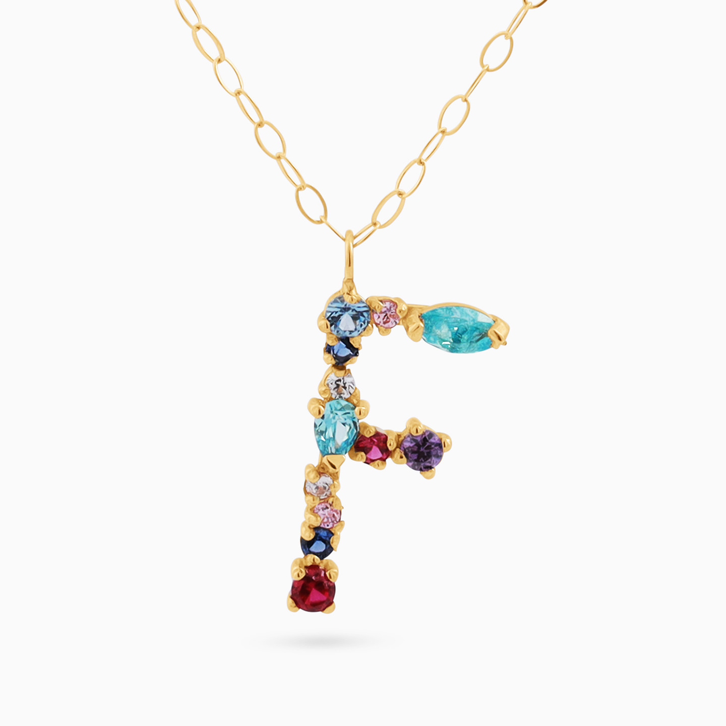 Letter F Colored Stones Necklace in 18K Gold