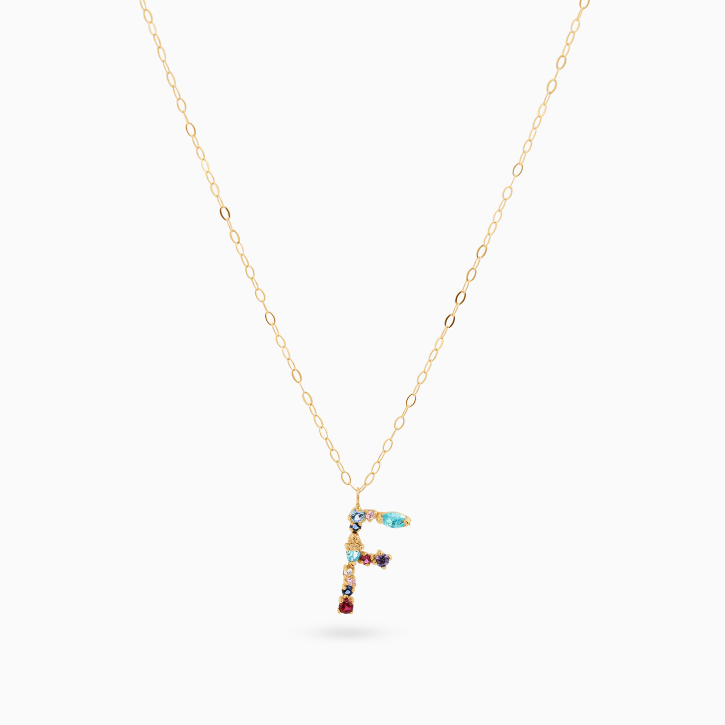 Letter F Colored Stones Necklace in 18K Gold - 3