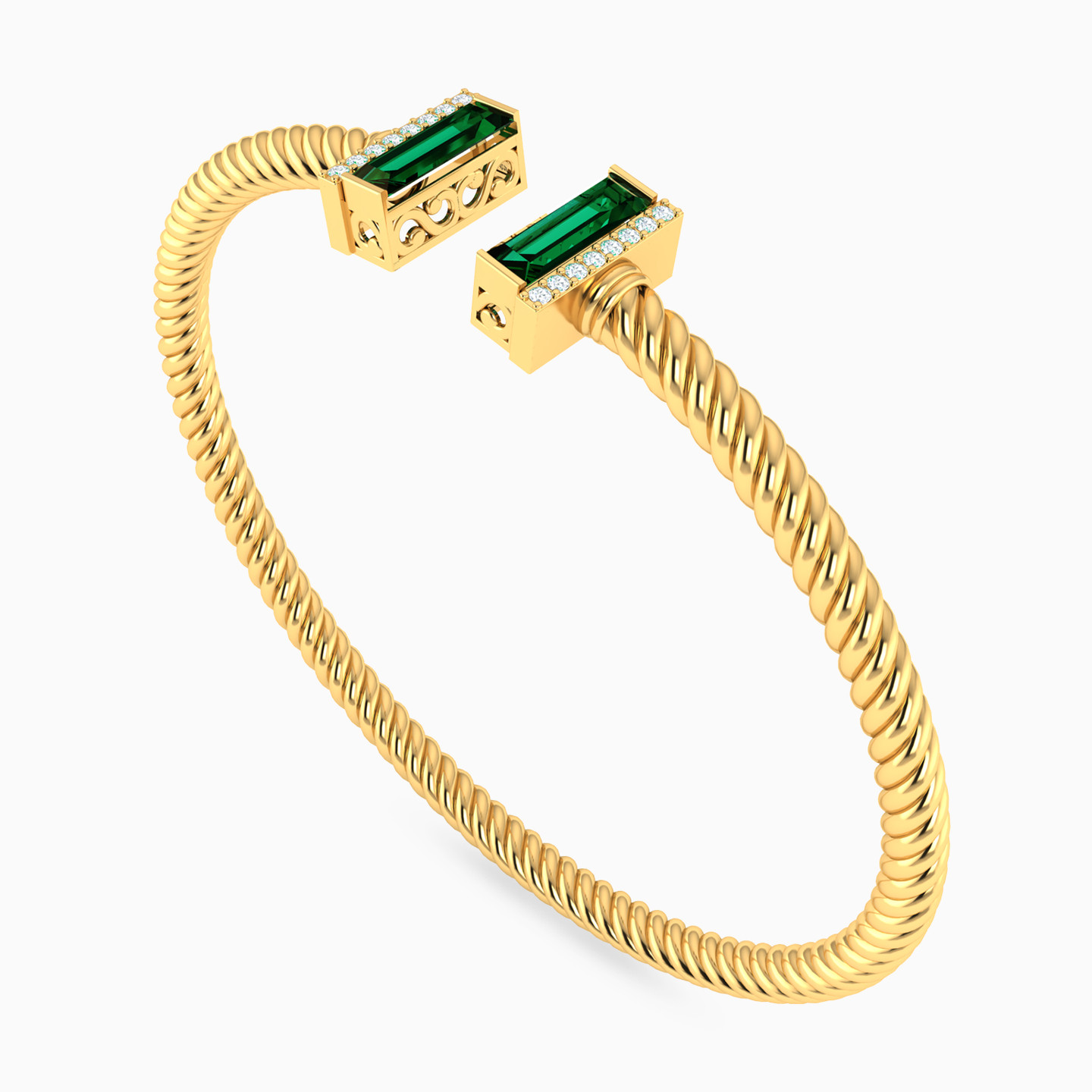 Baguette Green Stones Cuff Bracelet in 18K Gold - 3 Baguette Green Stones Cuff Bracelet in 18K Gold - 3