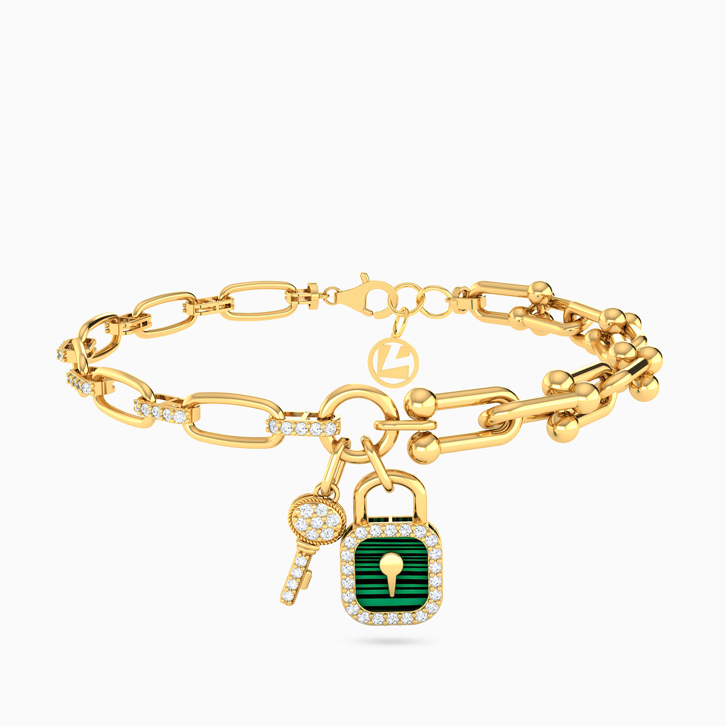 Lock & Key Green Stones & Enamel Coated Chain Bracelet in 18K Gold Lock & Key Green Stones & Enamel Coated Chain Bracelet in 18K Gold