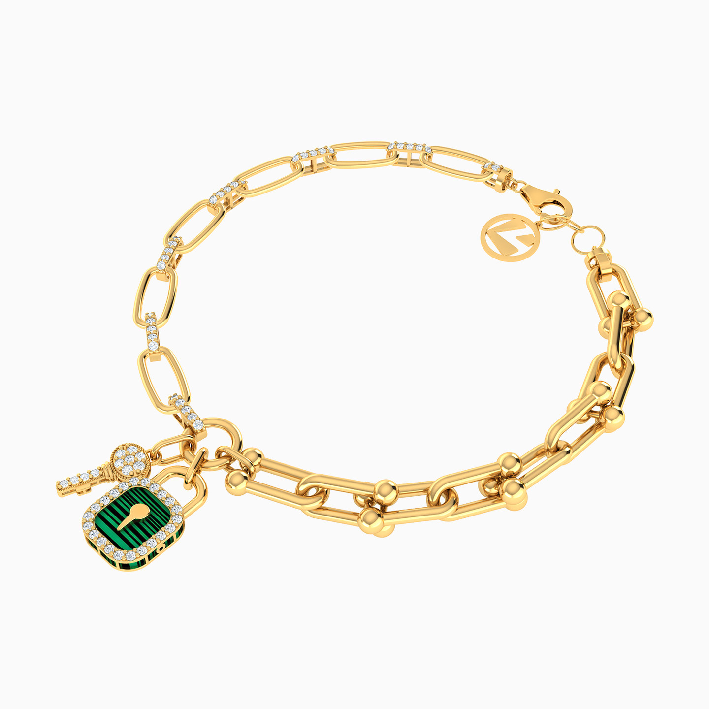 Lock & Key Colored Stones & Enamel Coated Chain Bracelet in 18K Gold - 2