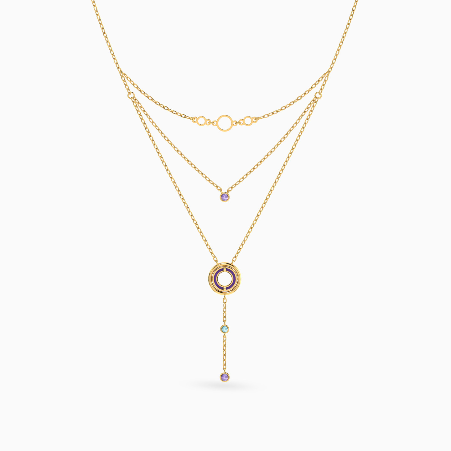 Circle Colored Stones Layered Necklace in 18K Gold - 3 Circle Colored Stones Layered Necklace in 18K Gold - 3