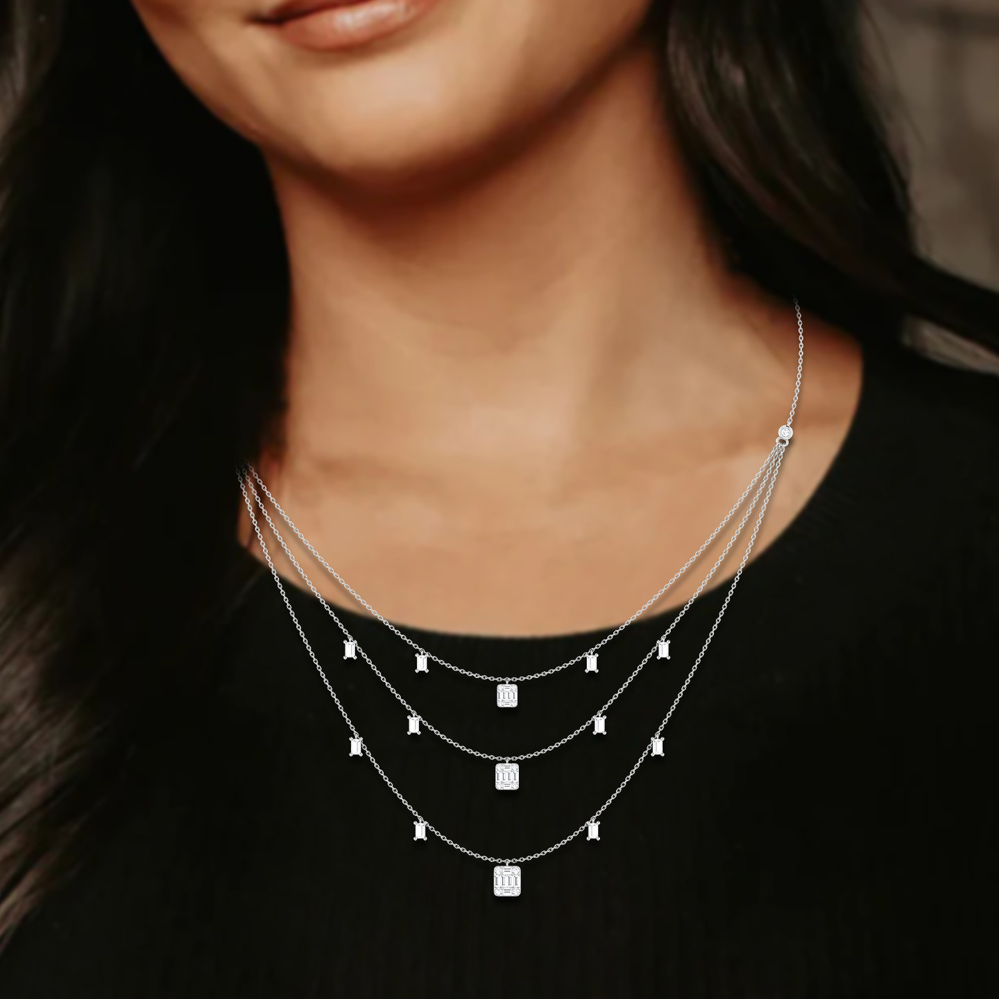 Square Diamond Layered Necklace in 18K Gold - 2