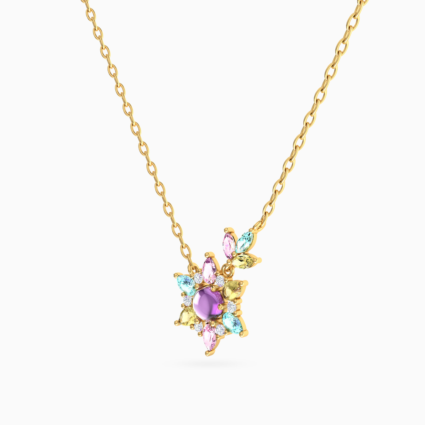 Flower Colored Stones Necklace in 18K Gold - 2 Flower Colored Stones Necklace in 18K Gold - 2