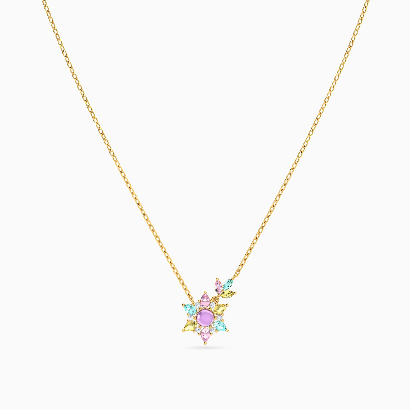 Flower Colored Stones Necklace in 18K Gold - 3 Flower Colored Stones Necklace in 18K Gold - 3