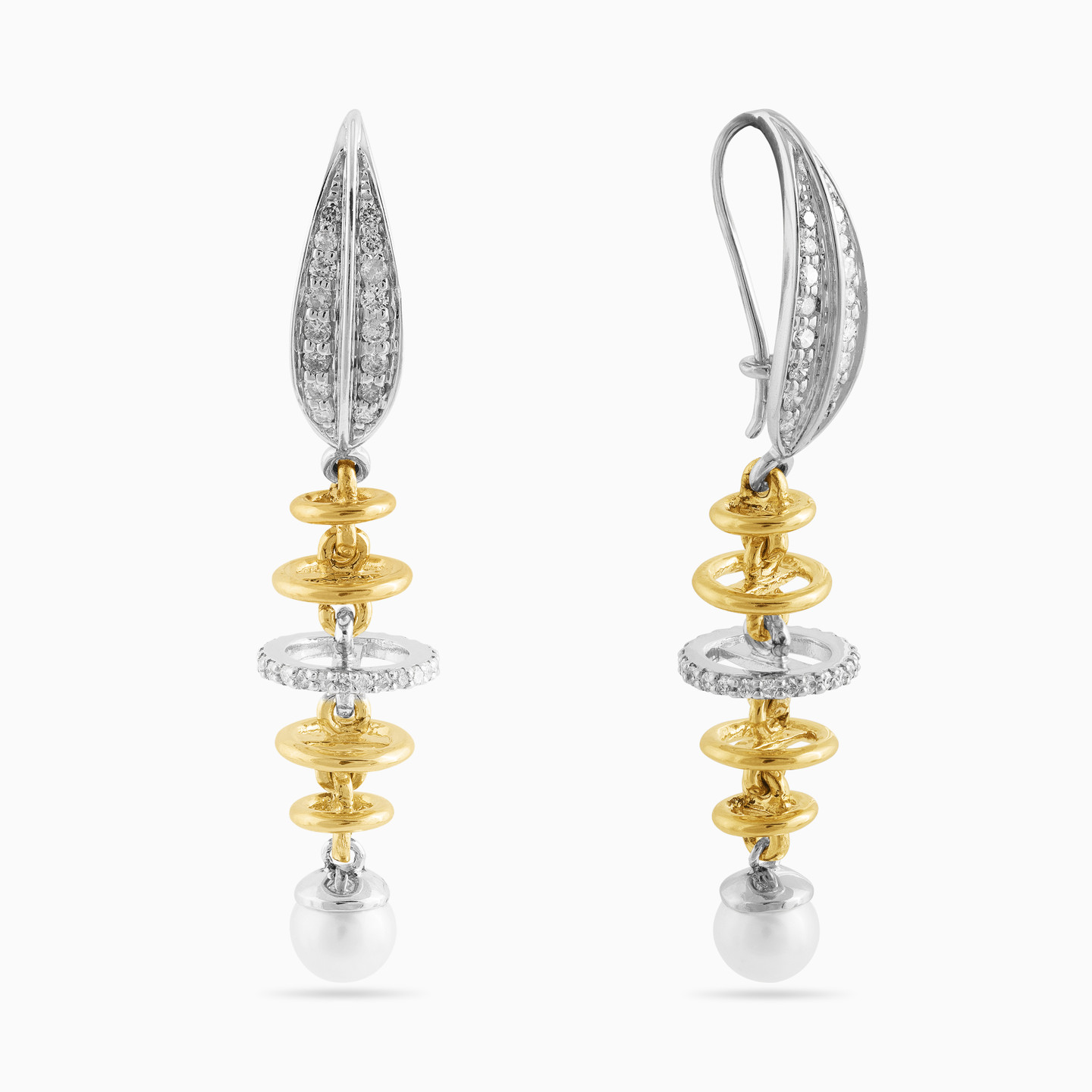 Leaf Diamond & Pearl Drop Earrings in 18K Gold - 3 Leaf Diamond & Pearl Drop Earrings in 18K Gold - 3