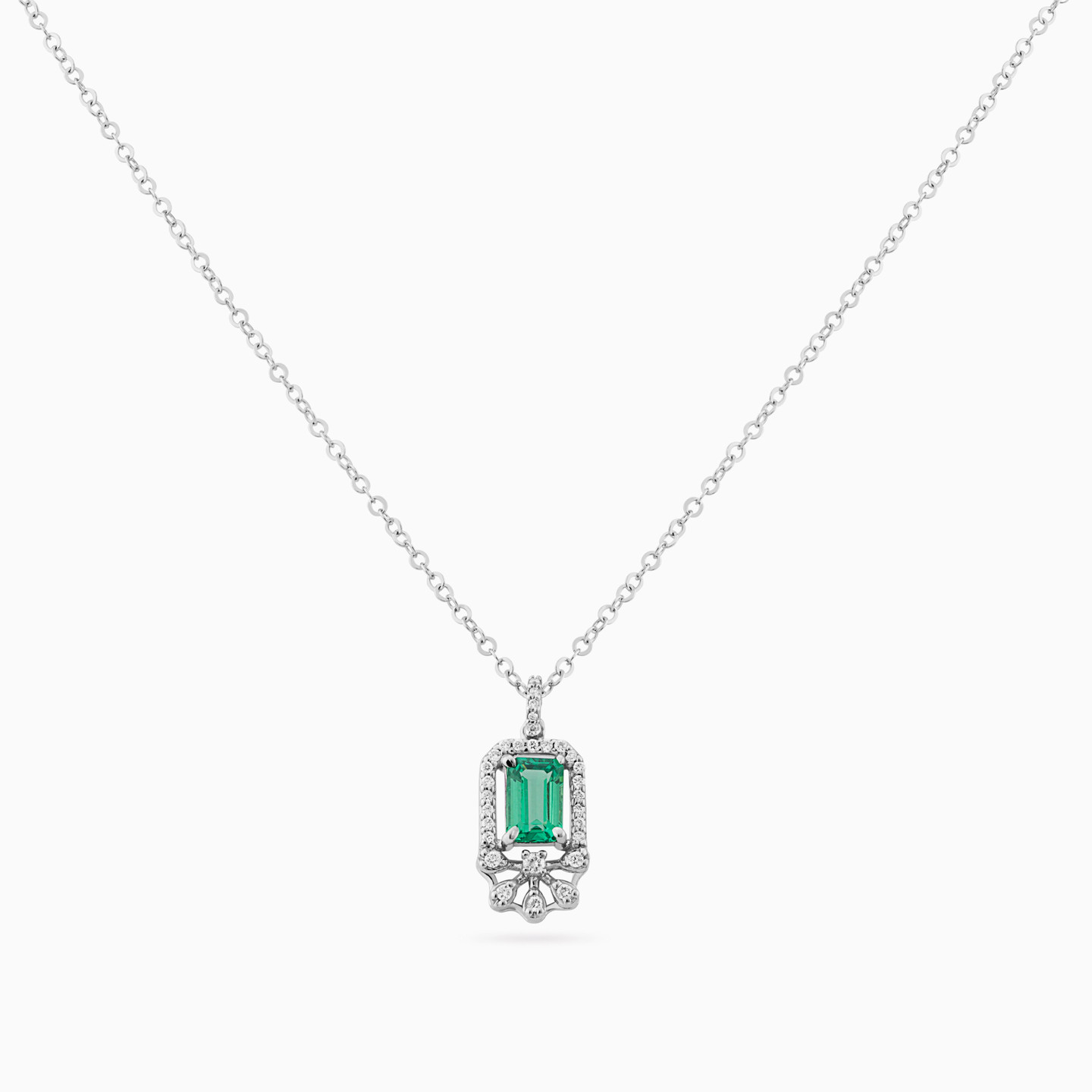 Rectangle Diamond & Green Stones Necklace in 18K Gold - 3 Rectangle Diamond & Green Stones Necklace in 18K Gold - 3
