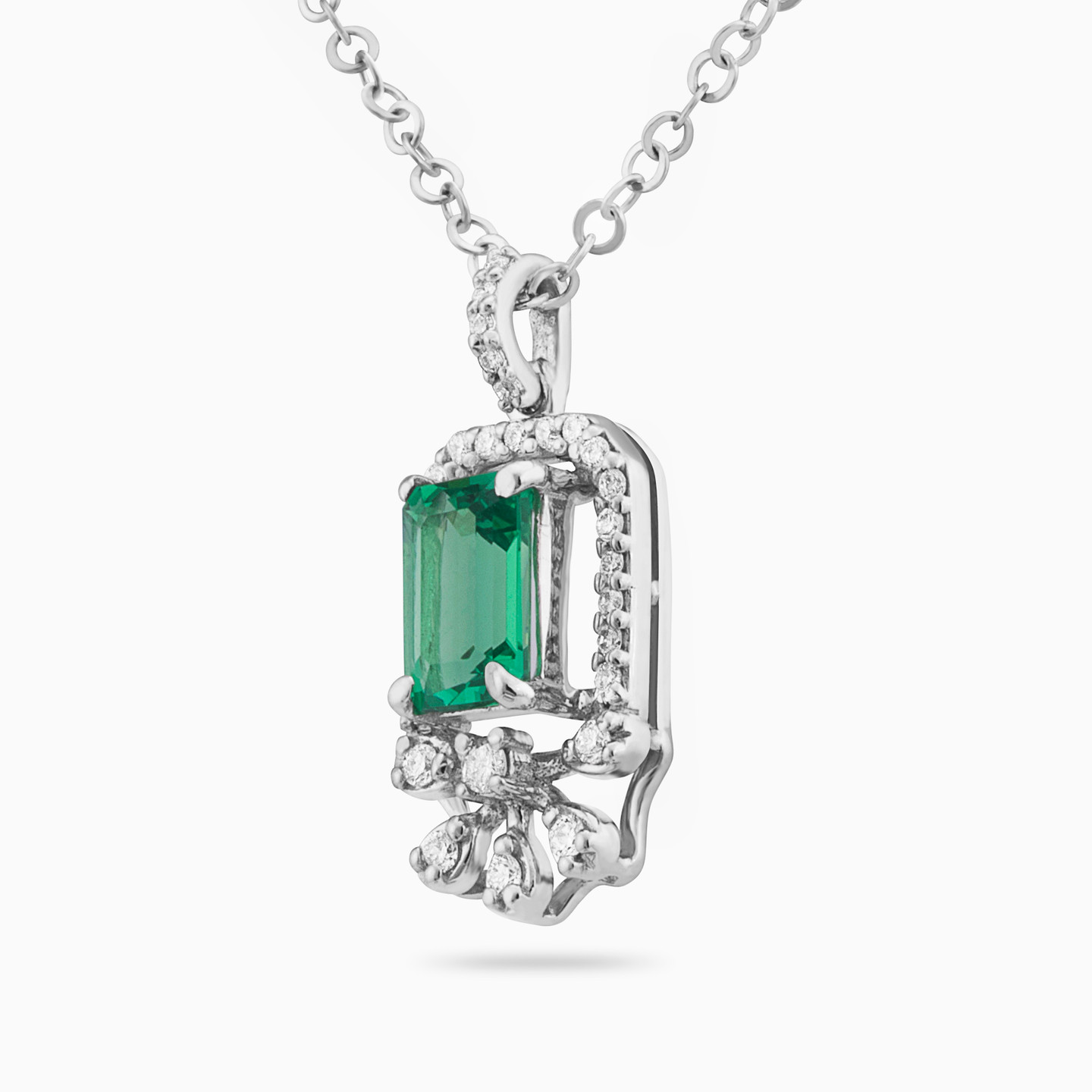Rectangle Diamond & Green Stones Necklace in 18K Gold - 2 Rectangle Diamond & Green Stones Necklace in 18K Gold - 2