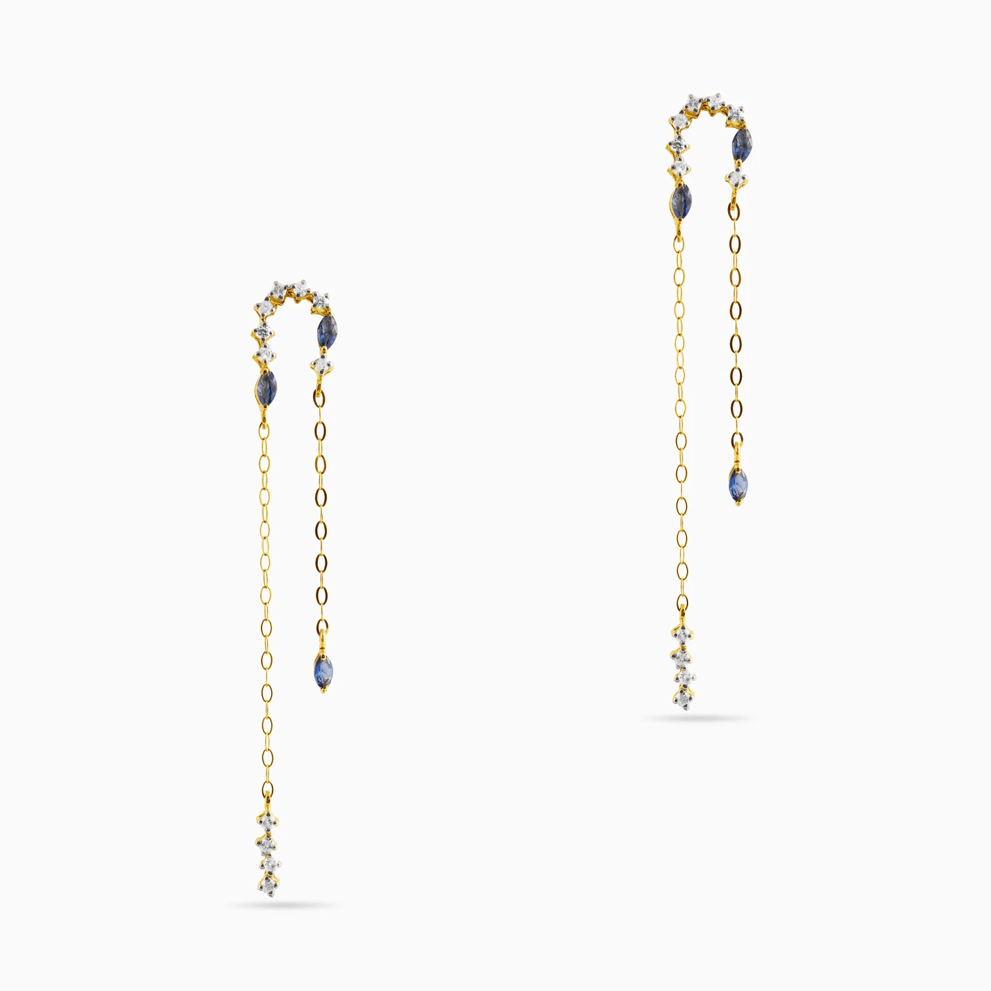 Slim Diamond & Blue Stone Drop Earrings in 18K Gold - 2 Slim Diamond & Blue Stone Drop Earrings in 18K Gold - 2
