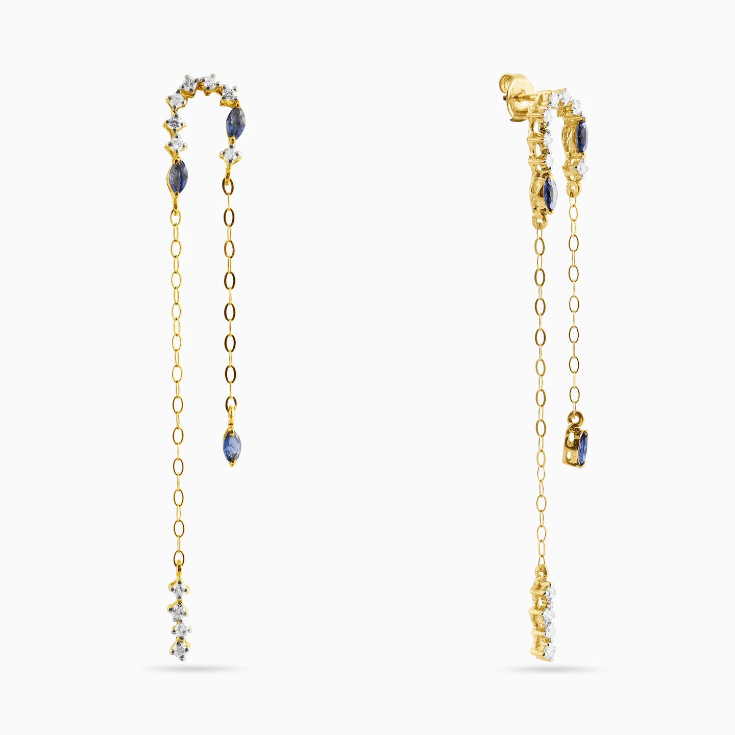 Slim Diamond & Blue Stone Drop Earrings in 18K Gold - 3 Slim Diamond & Blue Stone Drop Earrings in 18K Gold - 3