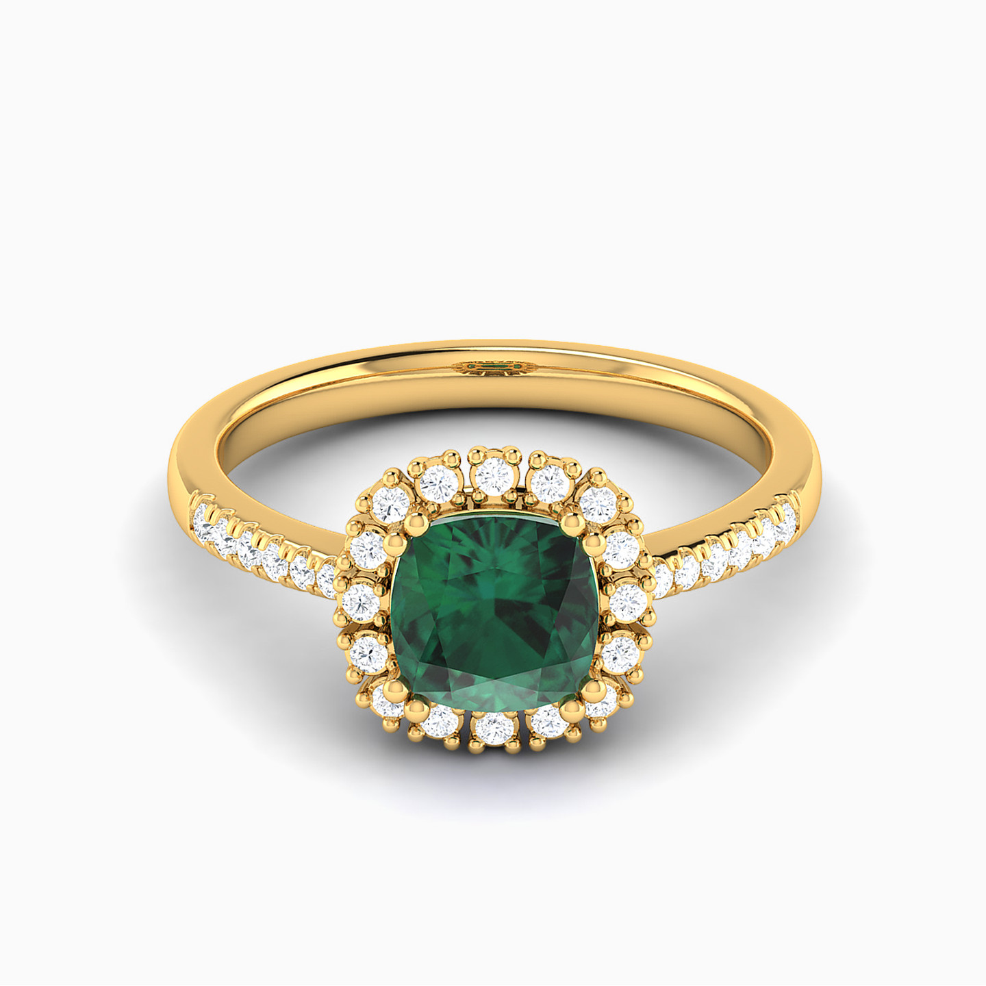 Cushion Diamond & Green Stones Ring in 18K Gold - 2 Cushion Diamond & Green Stones Ring in 18K Gold - 2