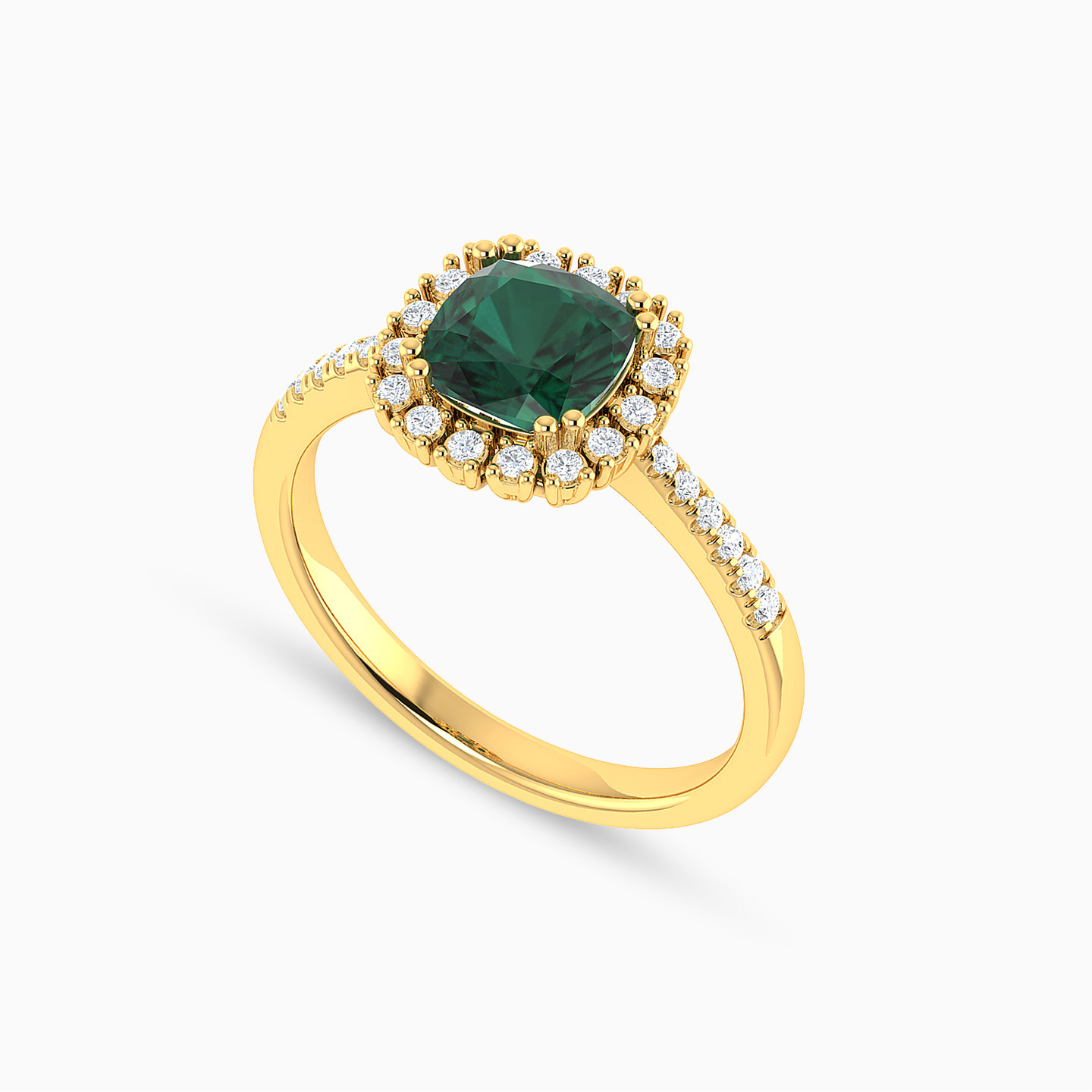 Cushion Diamond & Green Stones Ring in 18K Gold - 3 Cushion Diamond & Green Stones Ring in 18K Gold - 3