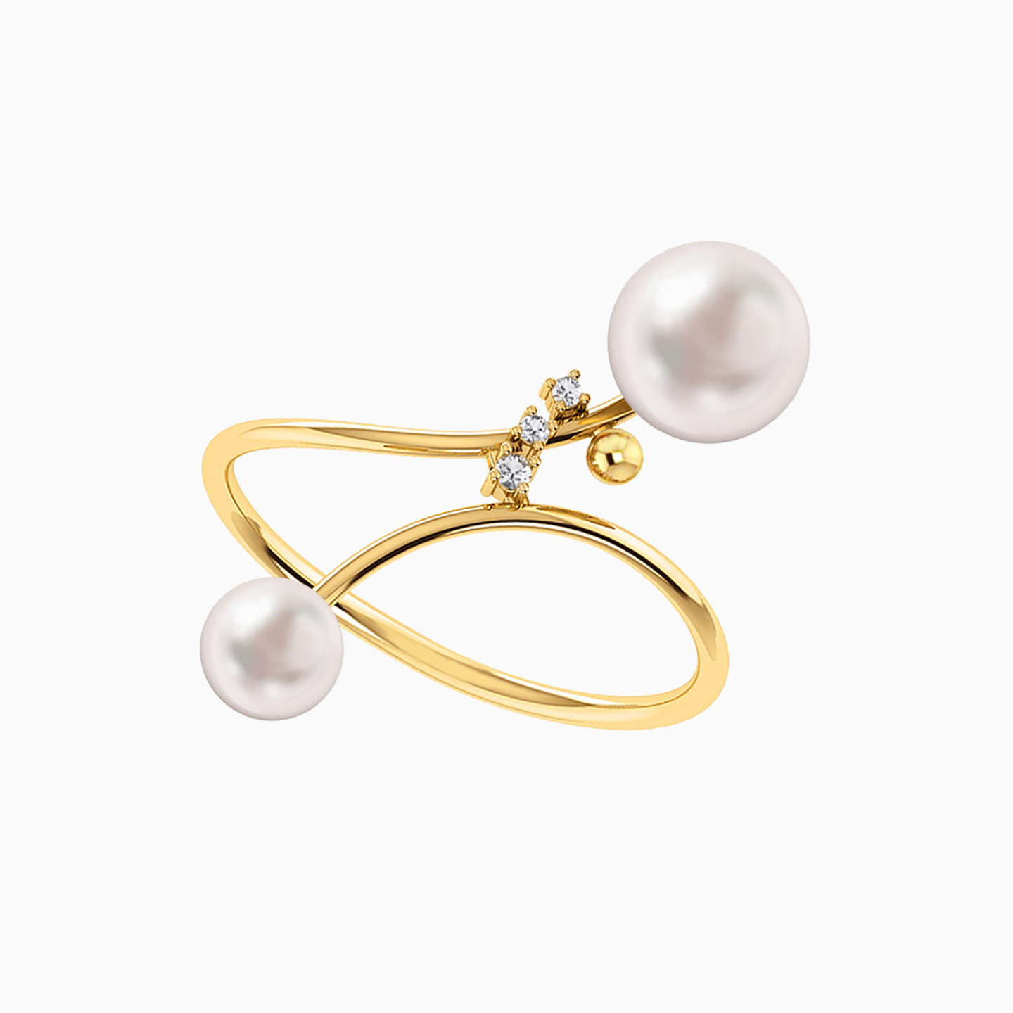 Round Diamonds & Pearls Bypass Ring in 18K Gold - 2 Round Diamonds & Pearls Bypass Ring in 18K Gold - 2