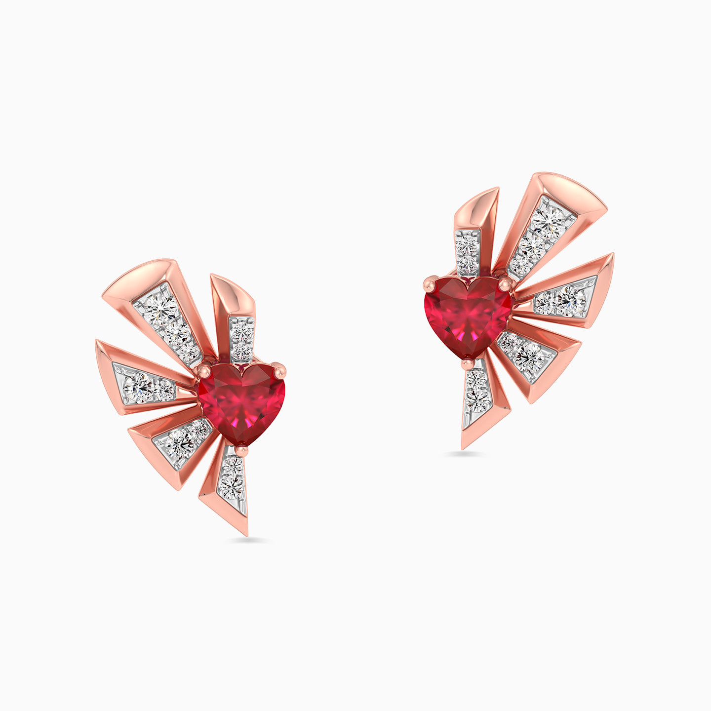 Heart Diamond & Red Stone Stud Earrings in 18K Gold - 2 Heart Diamond & Red Stone Stud Earrings in 18K Gold - 2