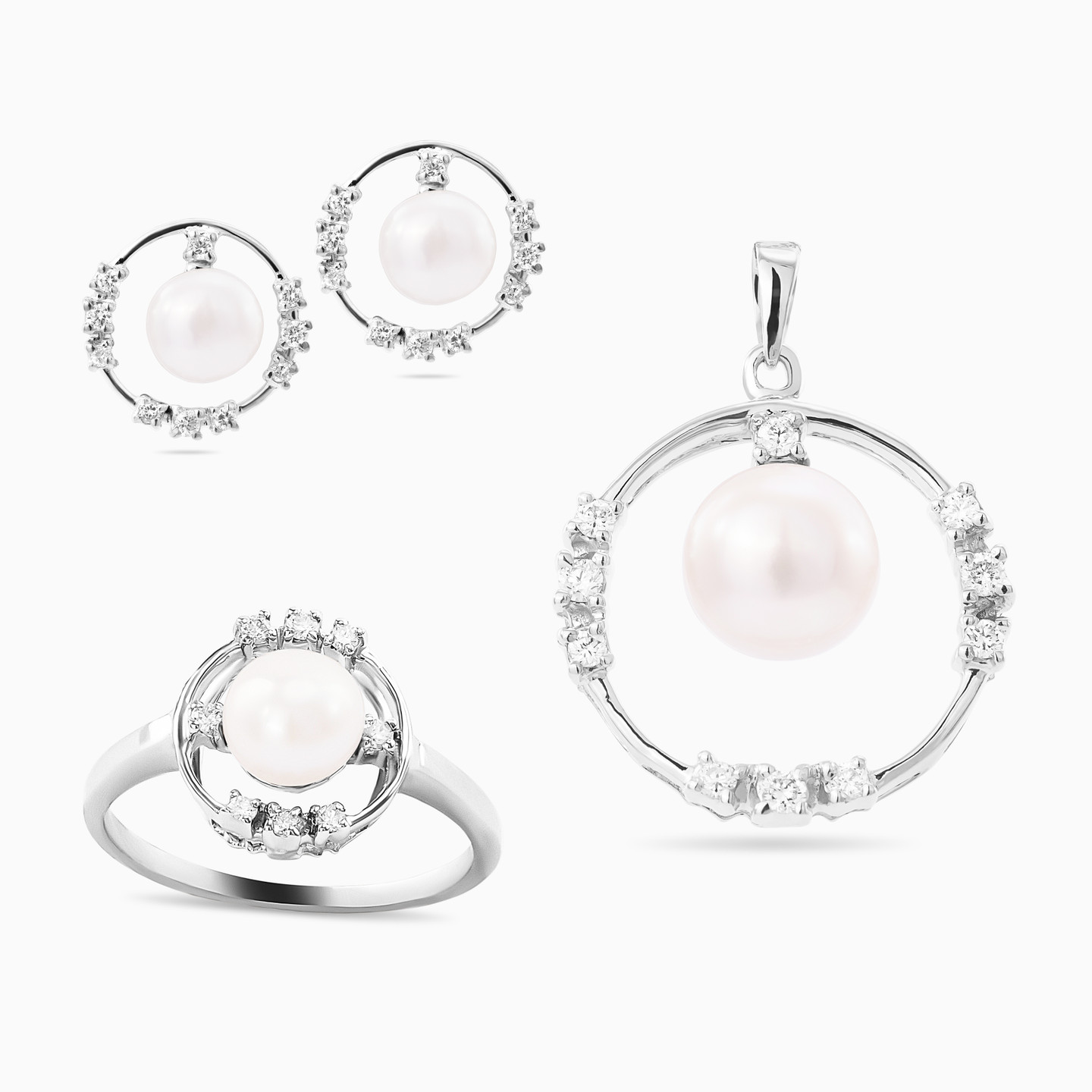Circle Diamond & Pearl Half Set in 18K Gold (3 Pieces) - 2 Circle Diamond & Pearl Half Set in 18K Gold (3 Pieces) - 2