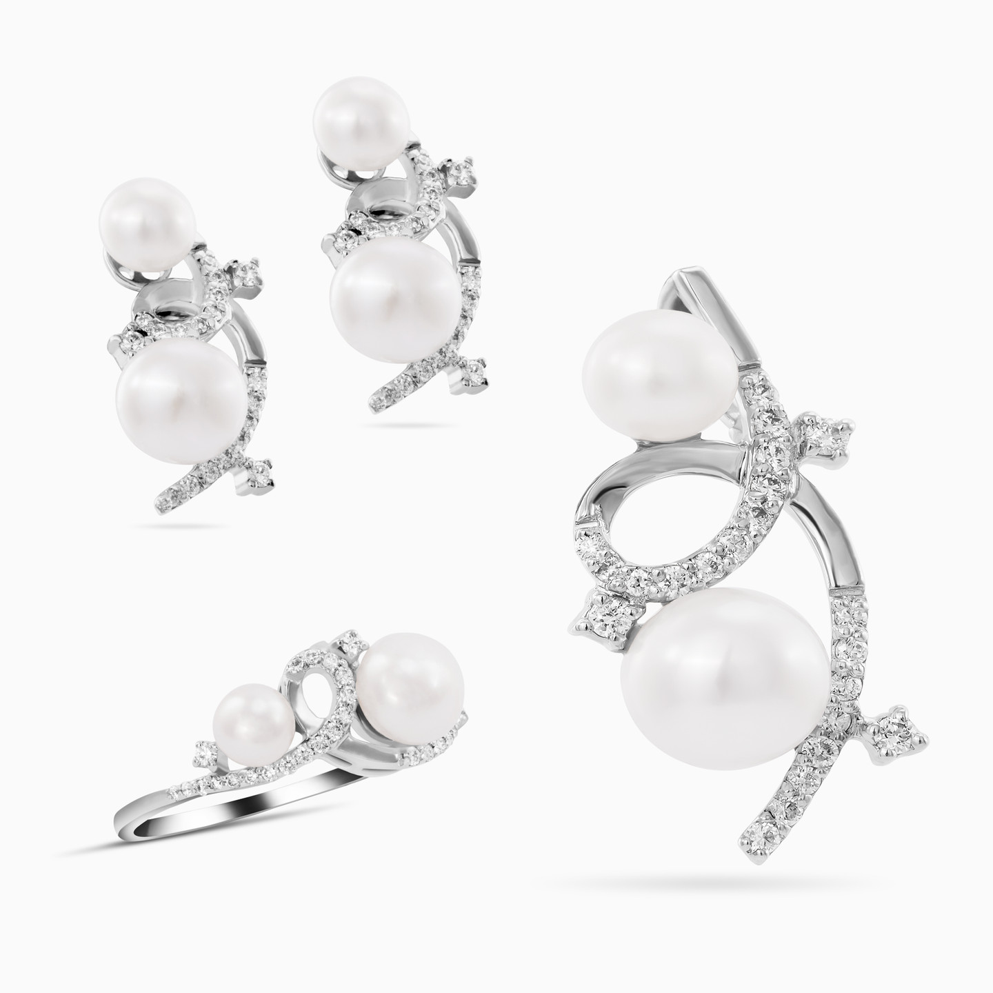 نصف طقم ذهب دوامة عيار 18 قيراط مزين بالألماس واللؤلؤ(3 قطع) - 2 نصف طقم ذهب دوامة عيار 18 قيراط مزين بالألماس واللؤلؤ(3 قطع) - 2