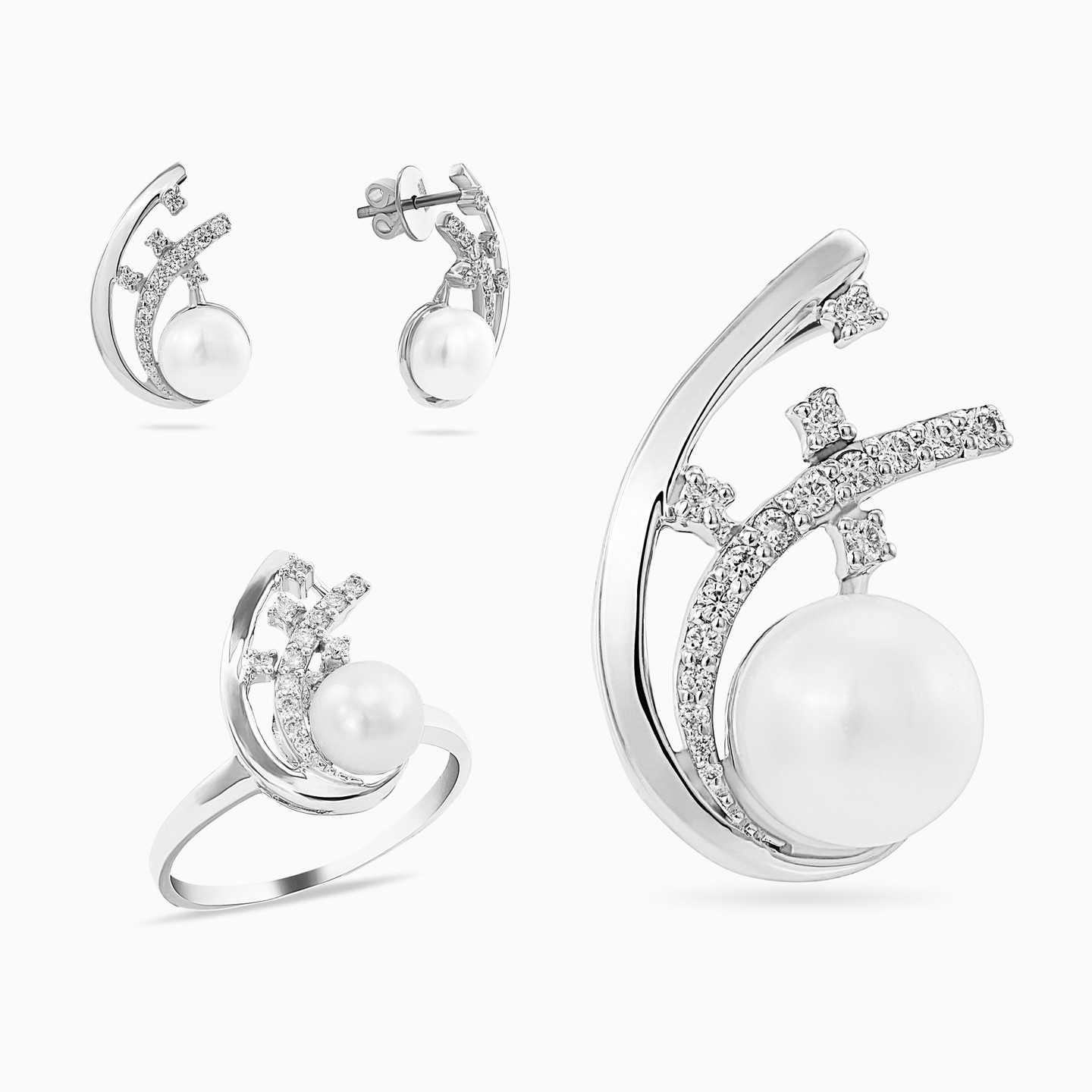 نصف طقم ذهب دوامة عيار 18 قيراط مزين بالألماس واللؤلؤ(3 قطع) - 2 نصف طقم ذهب دوامة عيار 18 قيراط مزين بالألماس واللؤلؤ(3 قطع) - 2