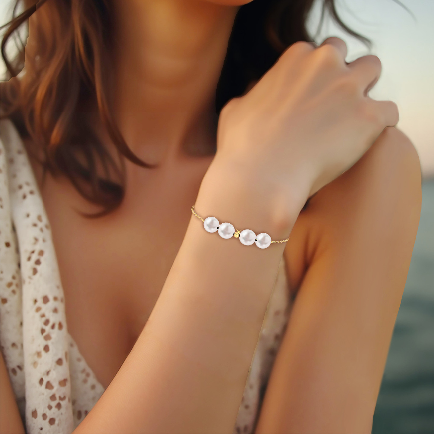 Round Pearl Chain Bracelet in 18K Gold - 4 Round Pearl Chain Bracelet in 18K Gold - 4