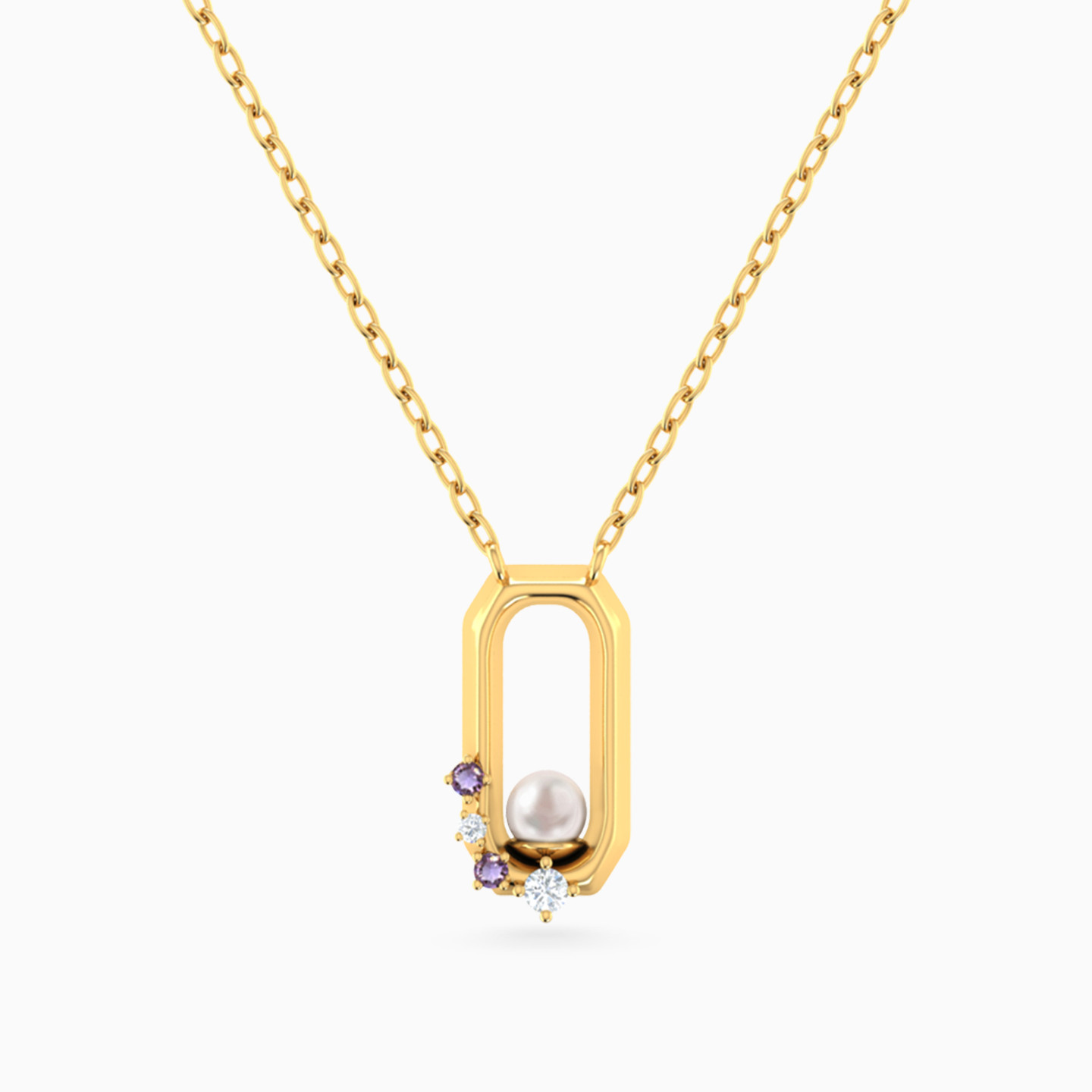 Rectangle Shaped Pearls & Colored Stones Pendant with 18K Gold Chain