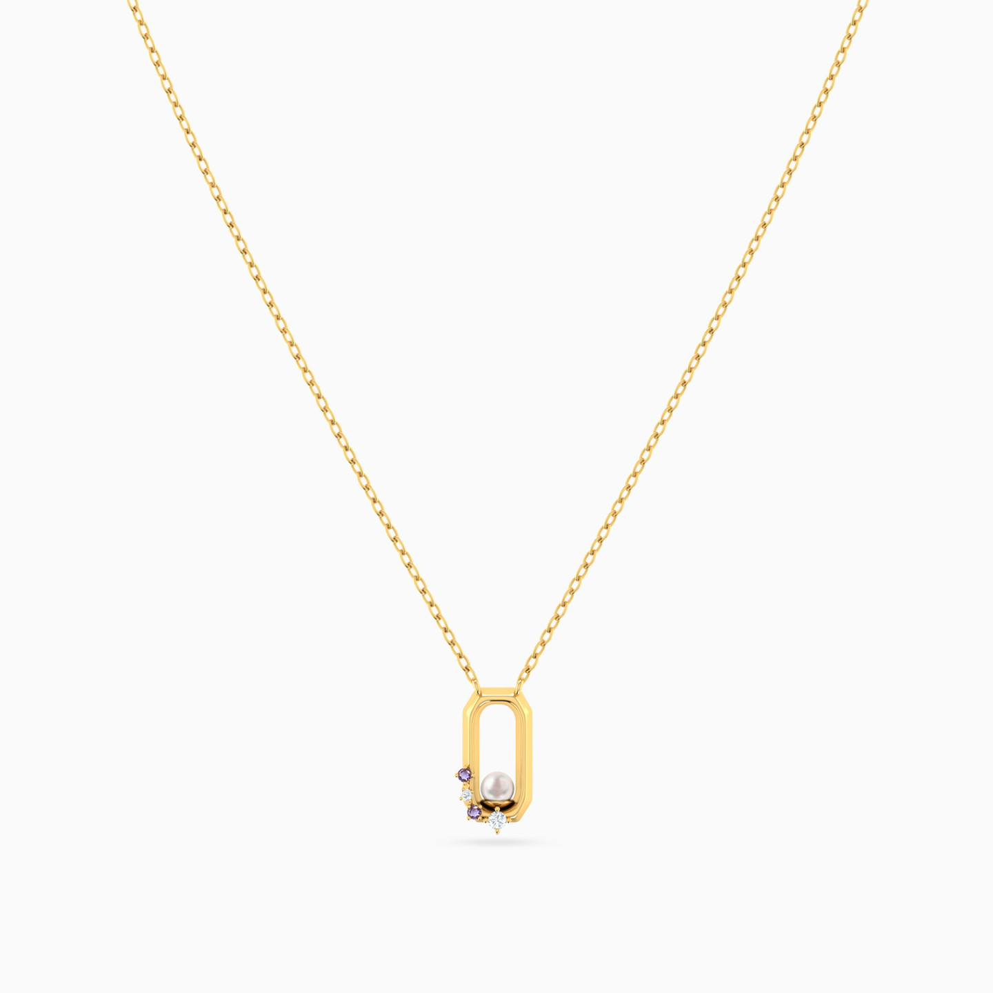 Rectangle Shaped Pearls & Colored Stones Pendant with 18K Gold Chain - 3