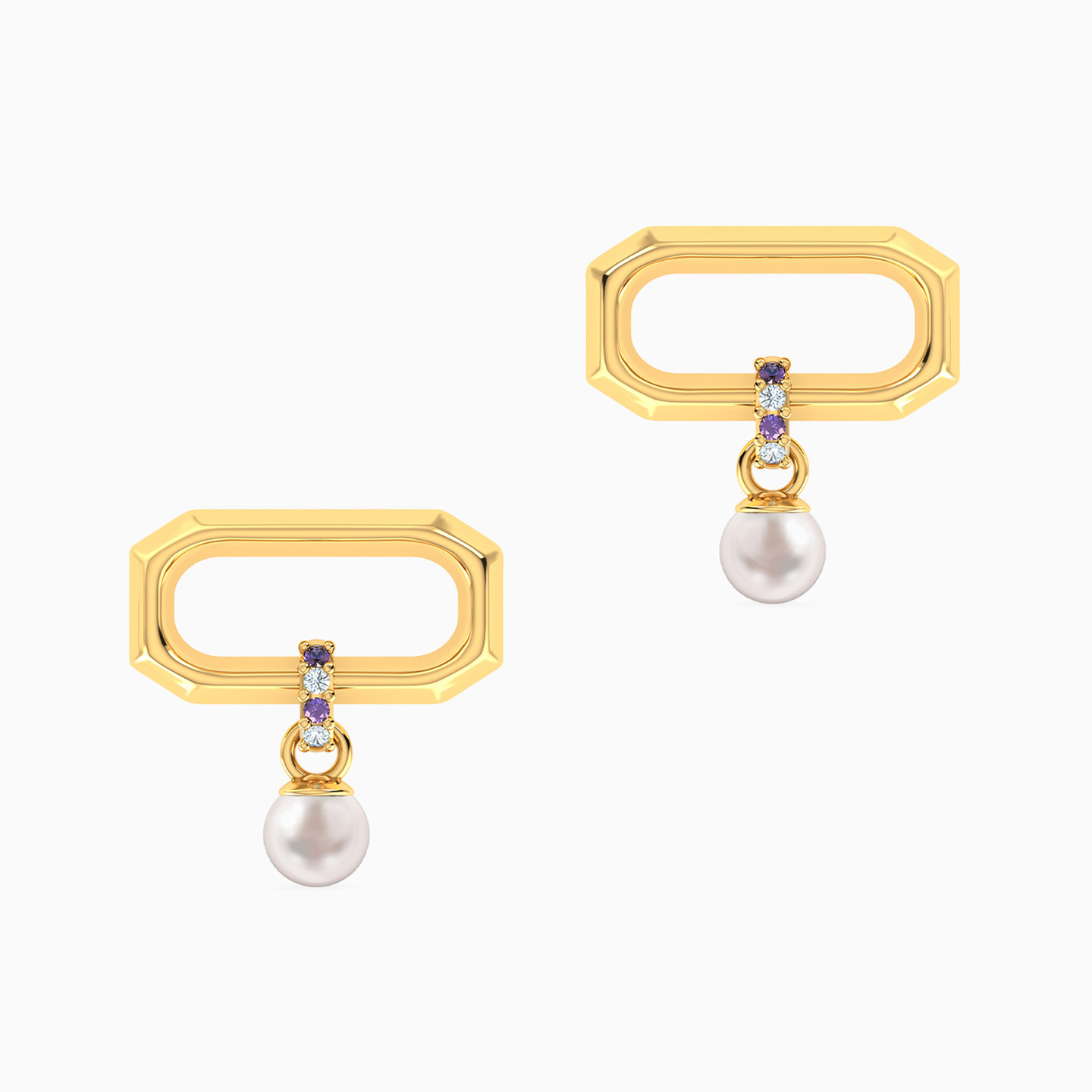 Rectangle Shaped Pearls & Colored Stones Drop Earrings in 18K Gold