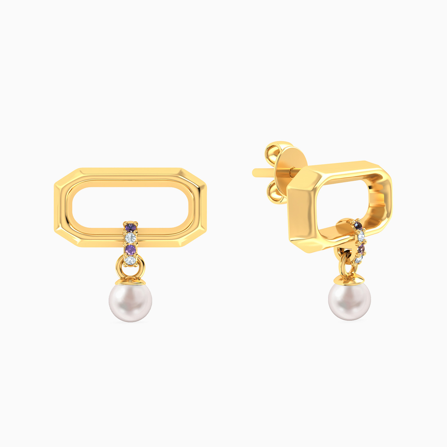 Rectangle Shaped Pearls & Colored Stones Drop Earrings in 18K Gold - 2