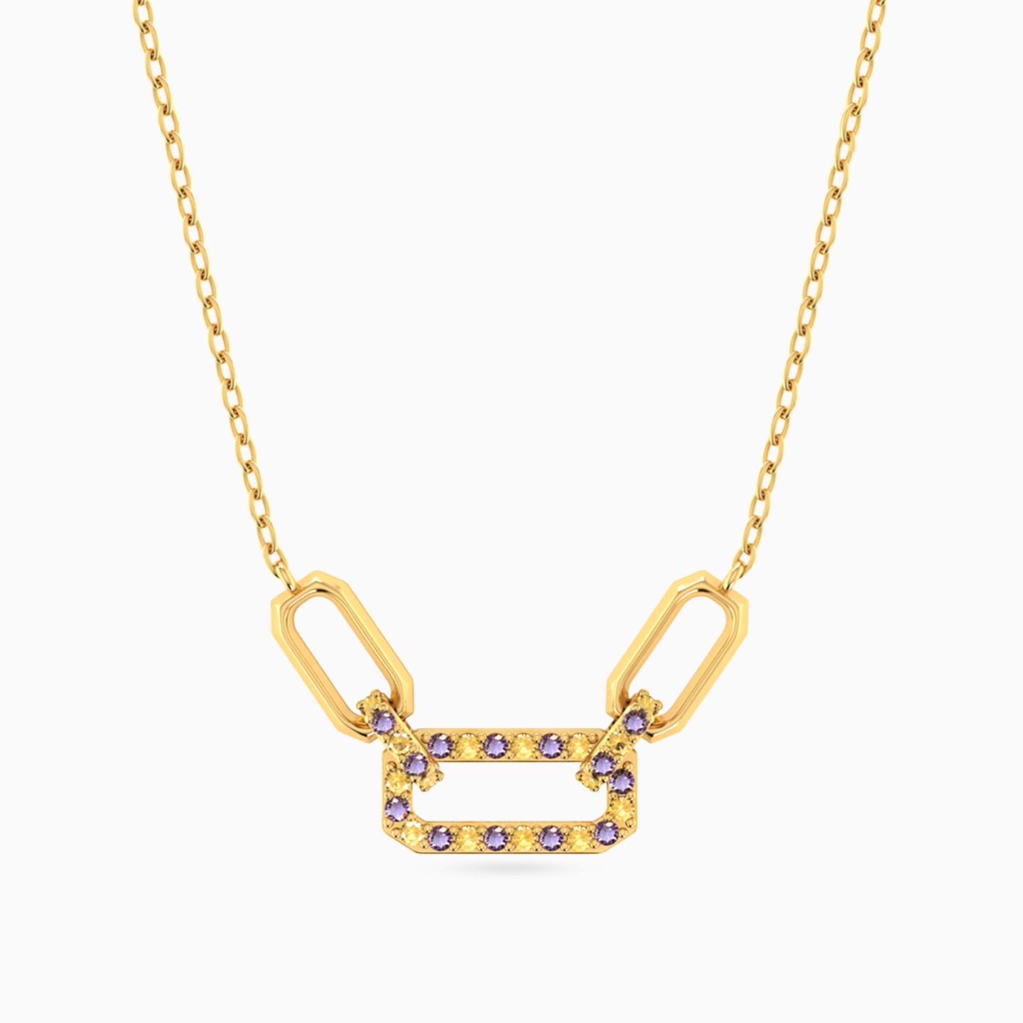 Rectangle Shaped Colored Stones Pendant with 18K Gold Chain