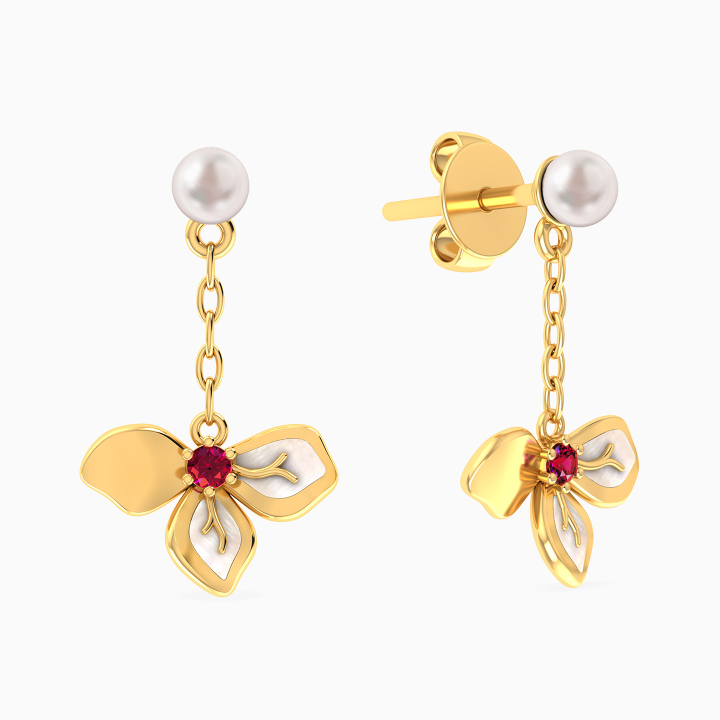 Flower Shaped Pearls & Colored Stones Drop Earrings in 18K Gold - 2 Flower Shaped Pearls & Colored Stones Drop Earrings in 18K Gold - 2