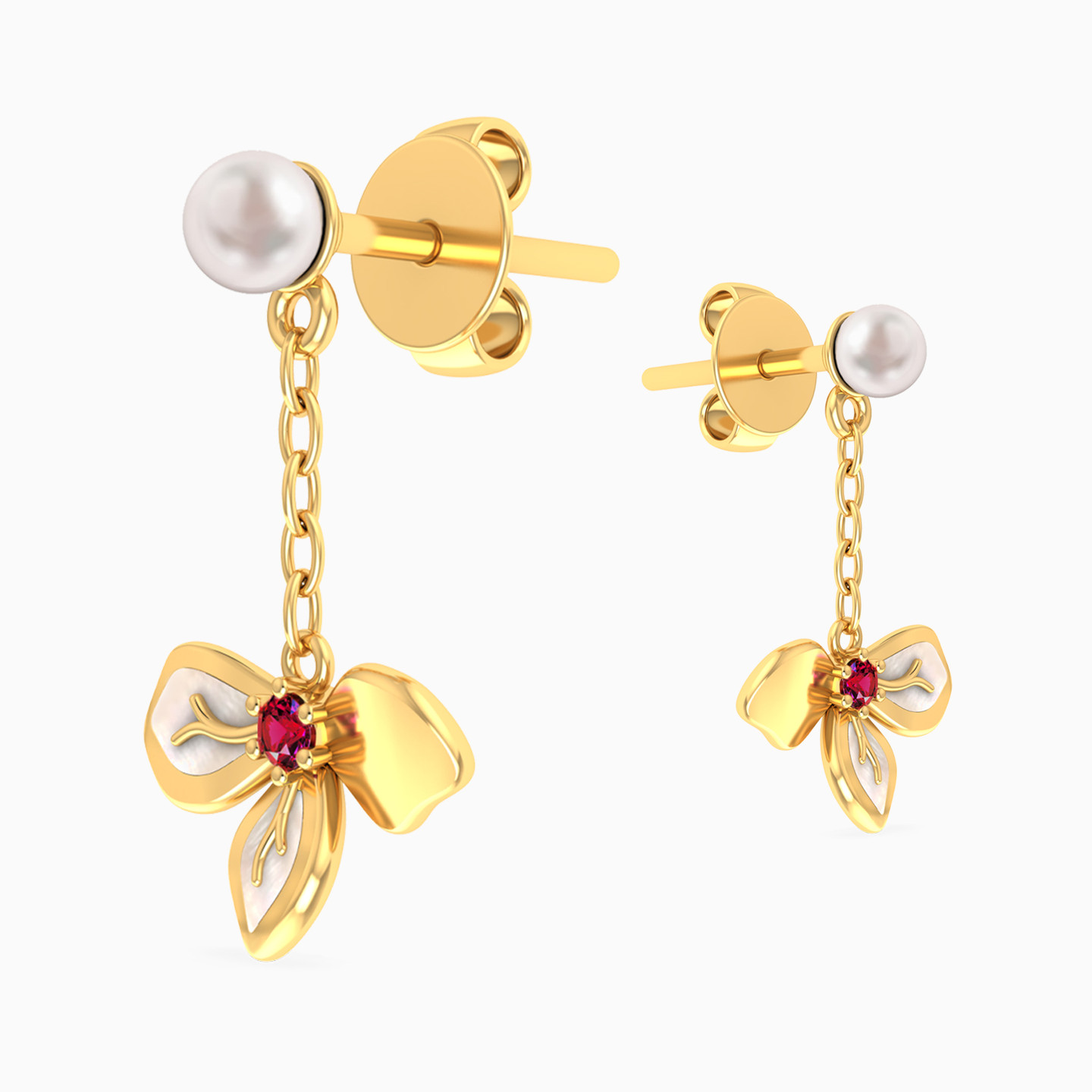 Flower Shaped Pearls & Colored Stones Drop Earrings in 18K Gold - 3 Flower Shaped Pearls & Colored Stones Drop Earrings in 18K Gold - 3