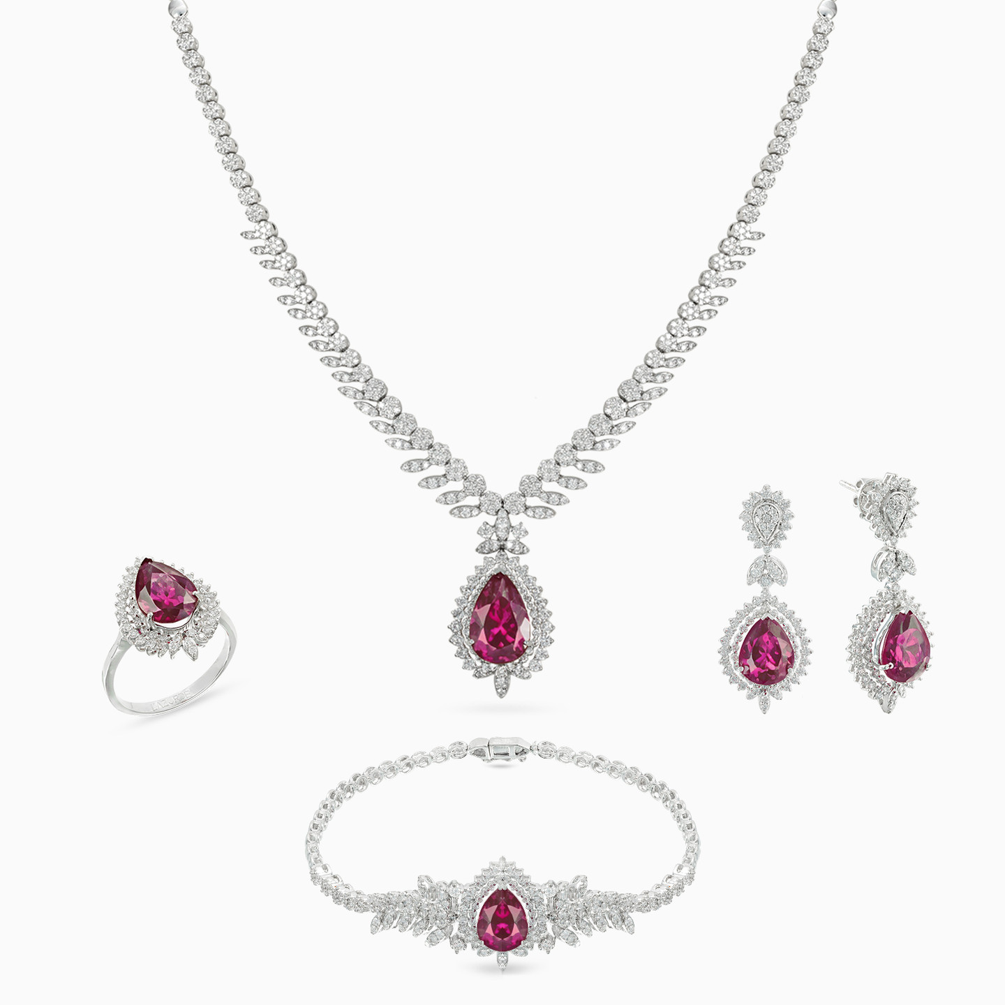 Pear Diamond & Rose Stone Full Set in 18K Gold (4 Pieces) Pear Diamond & Rose Stone Full Set in 18K Gold (4 Pieces)