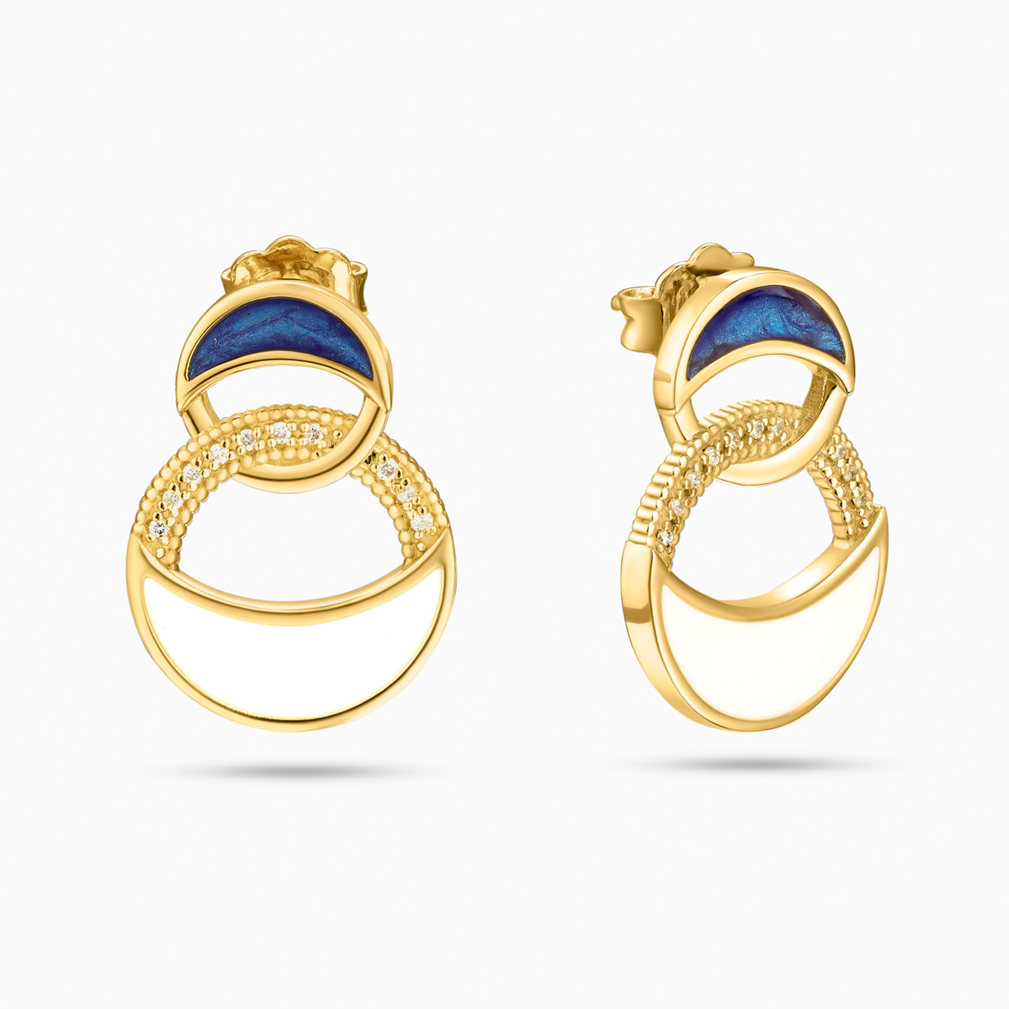 Interlocked Circles Shaped Colored Stones Stud Earrings in 18K Gold - 2