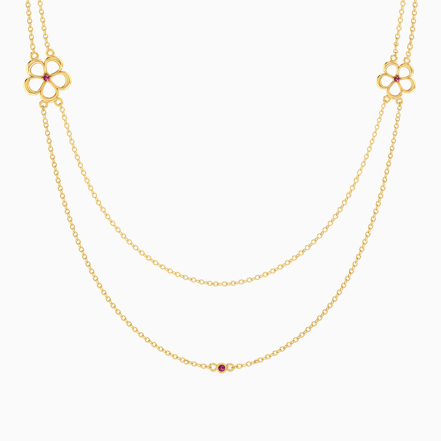 Flower Shaped Colored Stones Layered Necklace 18K Gold Chain