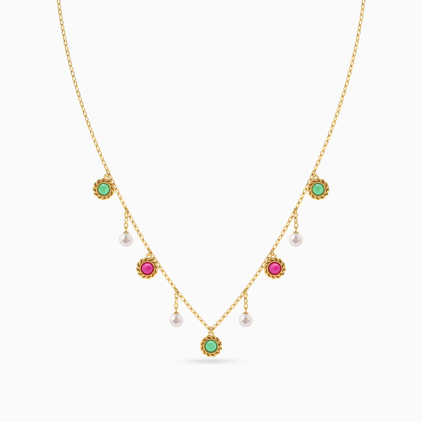 Circle Pearl & Colored Stones Charms Necklace in 18K Gold - 3