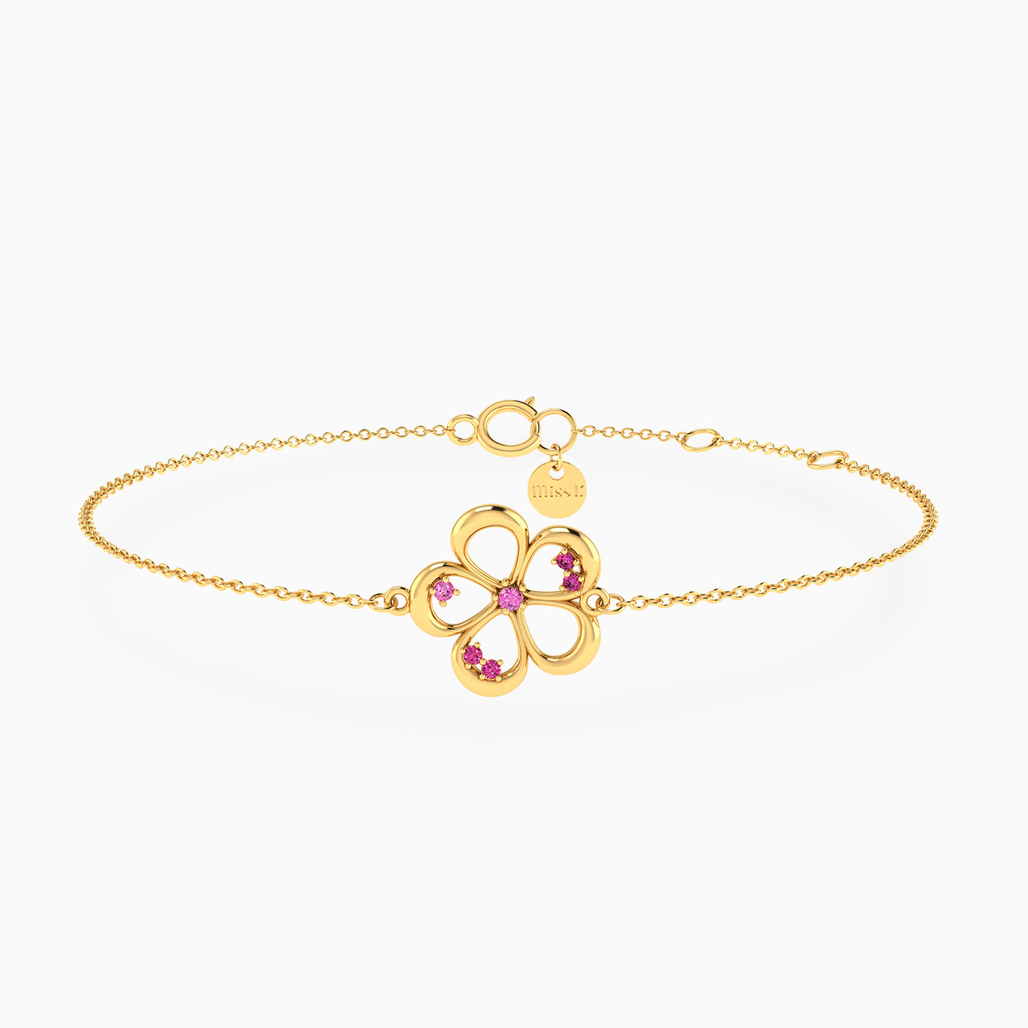 Flower Shaped Colored Stones Chain Bracelet in 18K Gold