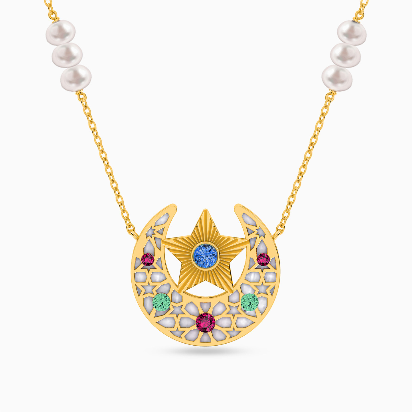 سلسلة ذهب سماوية عيار 18 قيراط مزينة بالأحجار الملونة  