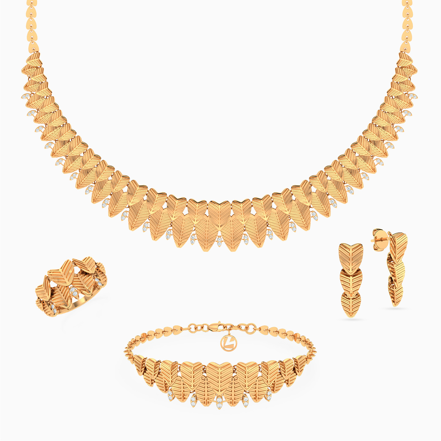 طقم ذهب ورقة شجر شجر عيار 21 قيراط مزين بأحجار الزركون (4 قطع) طقم ذهب ورقة شجر شجر عيار 21 قيراط مزين بأحجار الزركون (4 قطع)