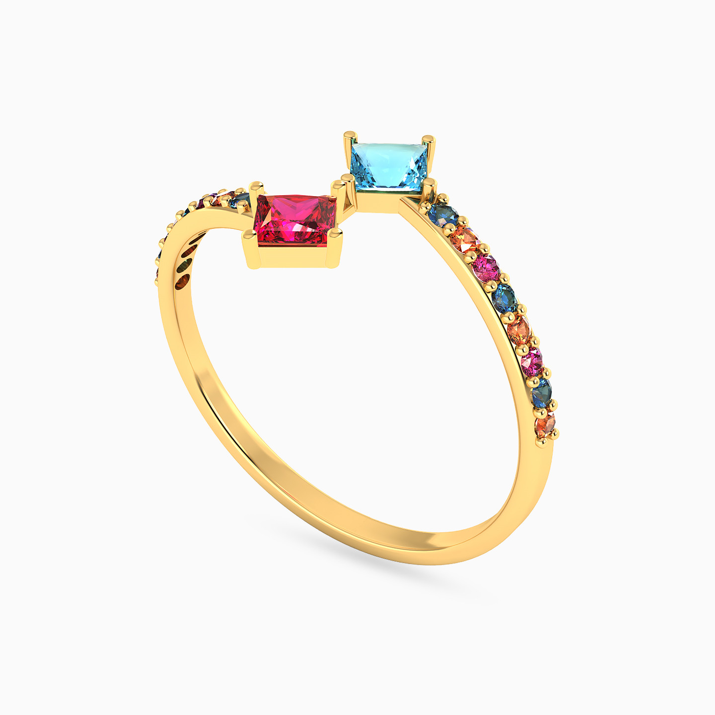 Square Colored Stones Two headed Ring in 18K Gold - 2 Square Colored Stones Two headed Ring in 18K Gold - 2