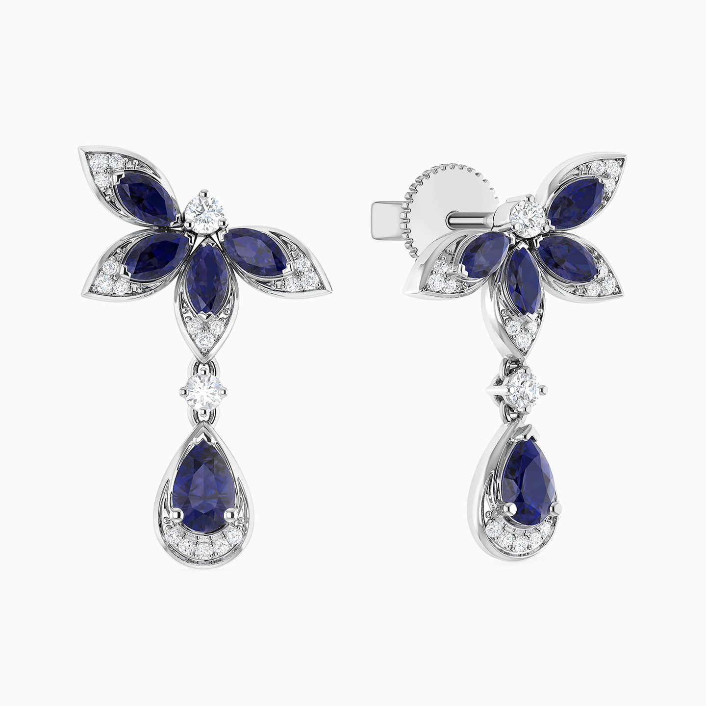 أقراط متدلية ذهب فراشة عيار 18 قيراط مزينة بالألماس وحجر أزرق - 3