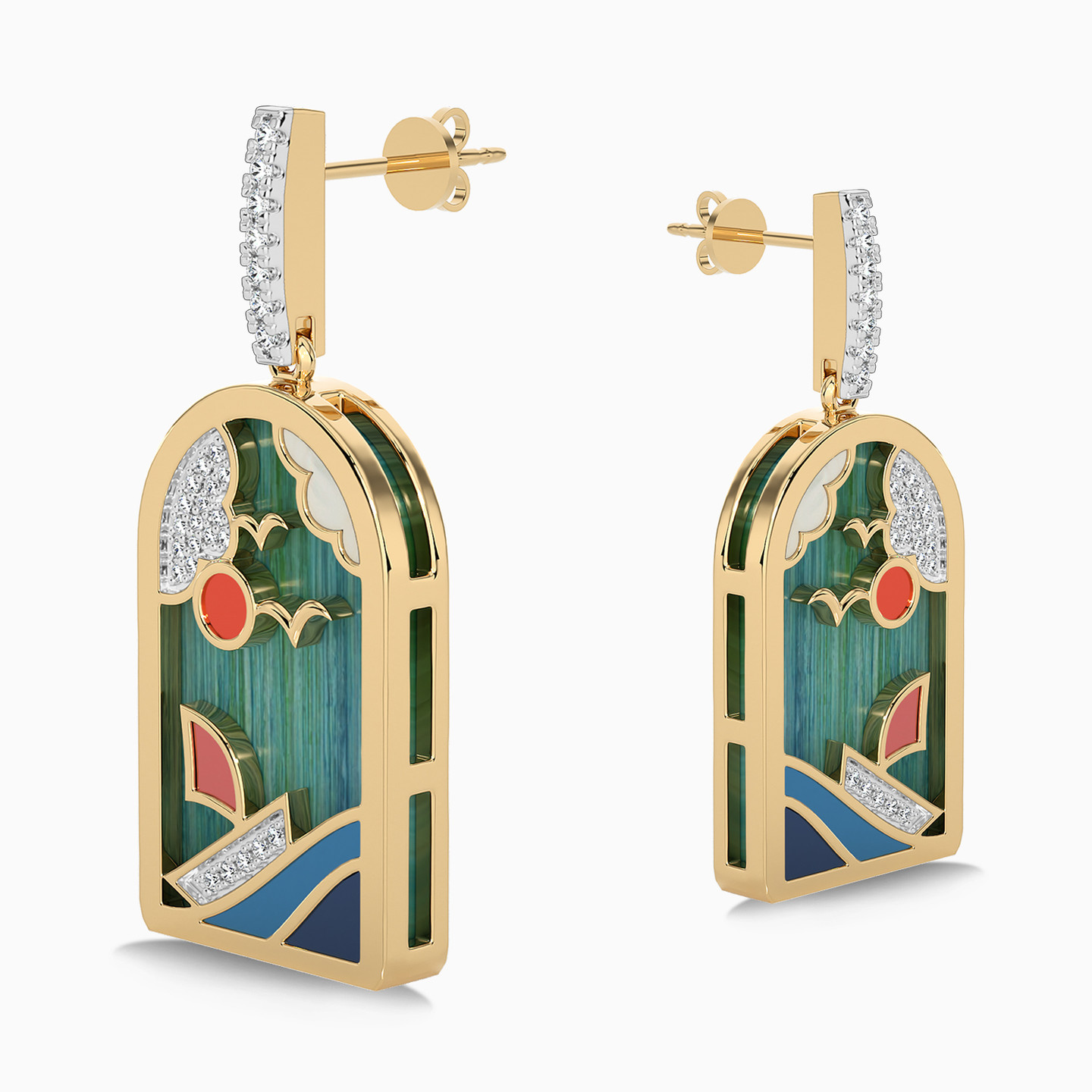 18K Gold Diamond & Enamel Coated Drop Earrings - 3