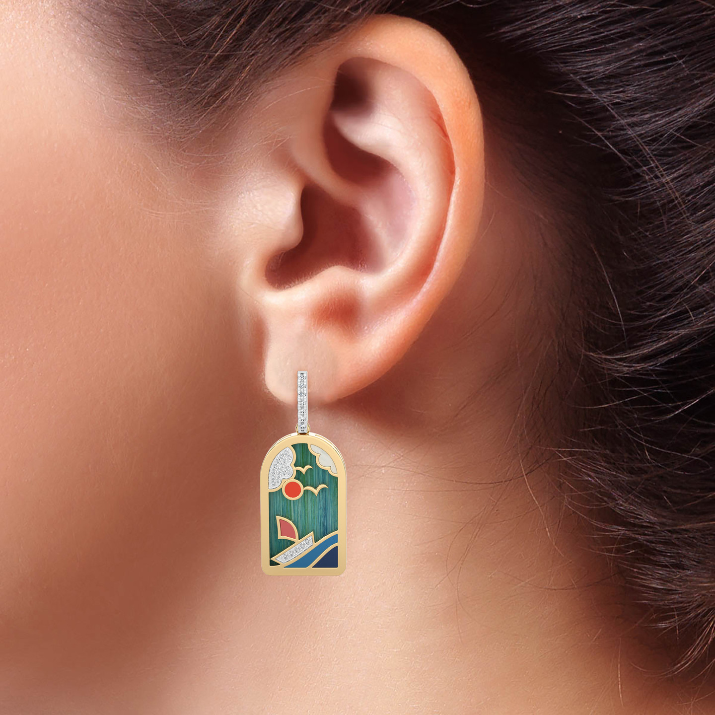 18K Gold Diamond & Enamel Coated Drop Earrings - 4