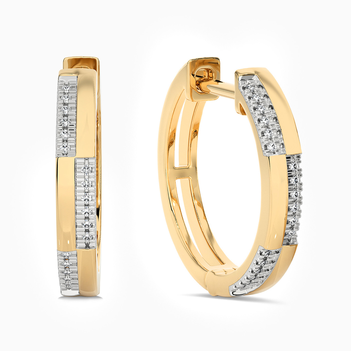 أقراط دائرية رفيعة ذهب عيار 18 قيراط مزينة بالألماس   - 2